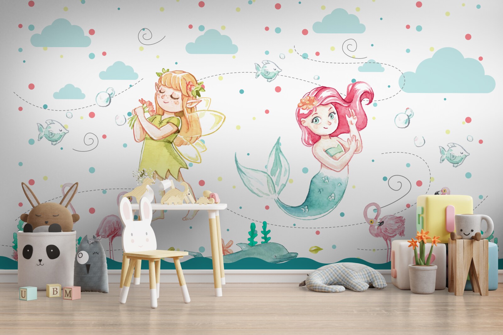 Fototapeta w pobliżu wody znajdują się malwy i syrena