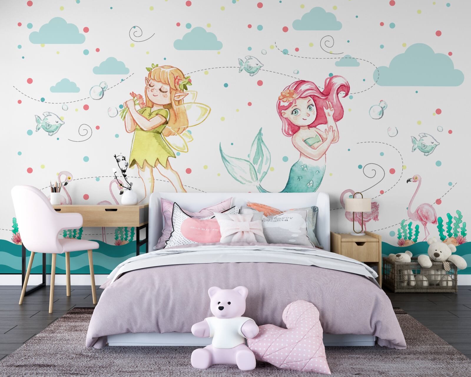 Fototapeta w pobliżu wody znajdują się malwy i syrena