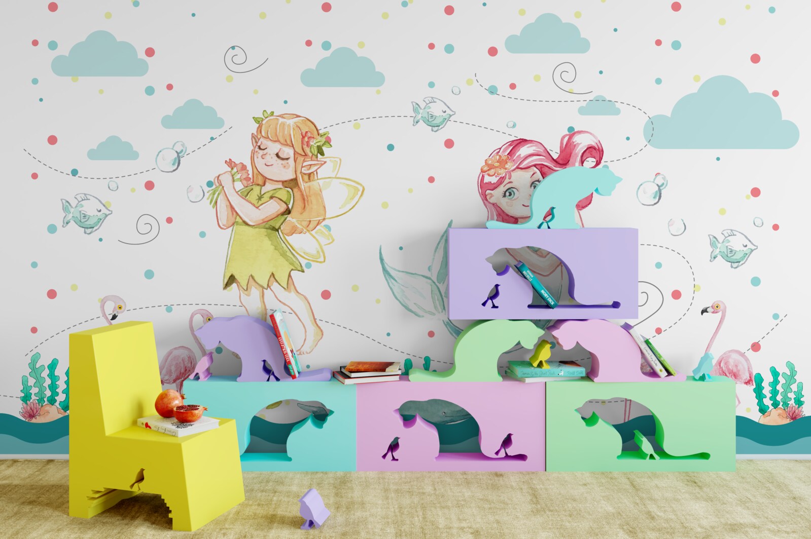 Fototapeta w pobliżu wody znajdują się malwy i syrena