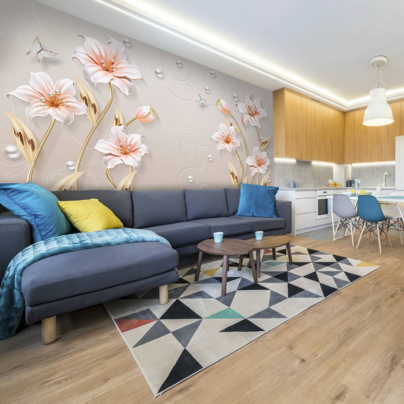 Fototapeta kwiaty wykonane z metalu i masy perłowej