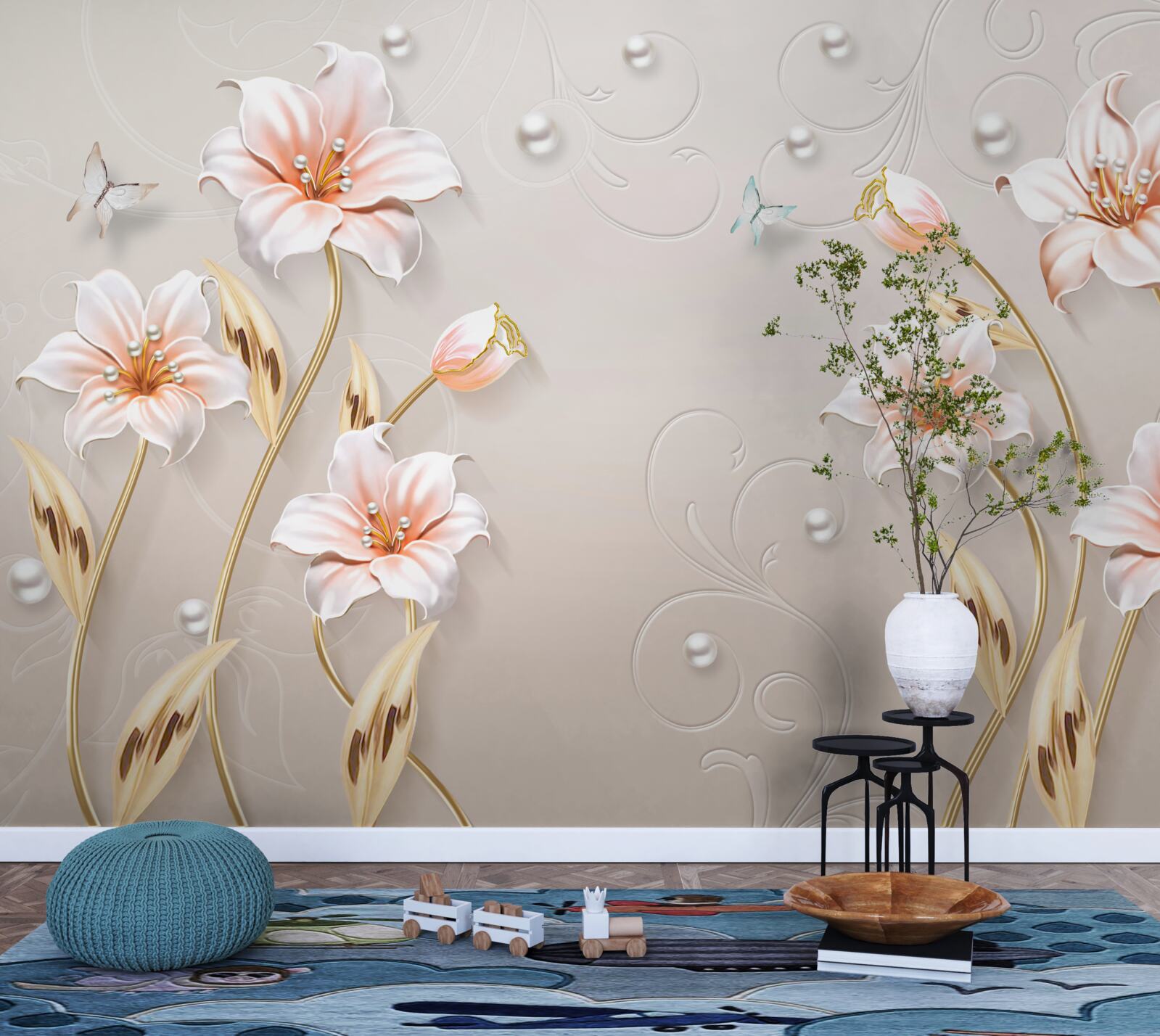 Fototapeta kwiaty wykonane z metalu i masy perłowej