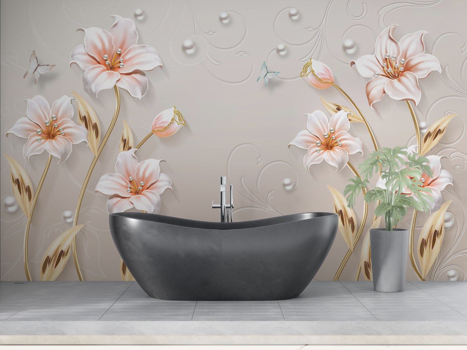 Fototapeta kwiaty wykonane z metalu i masy perłowej