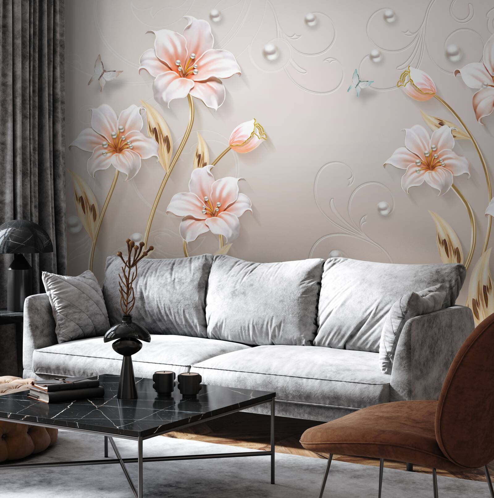 Fototapeta kwiaty wykonane z metalu i masy perłowej