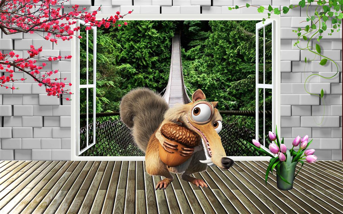 Fototapeta z okna widać rysowaną wiewiórkę