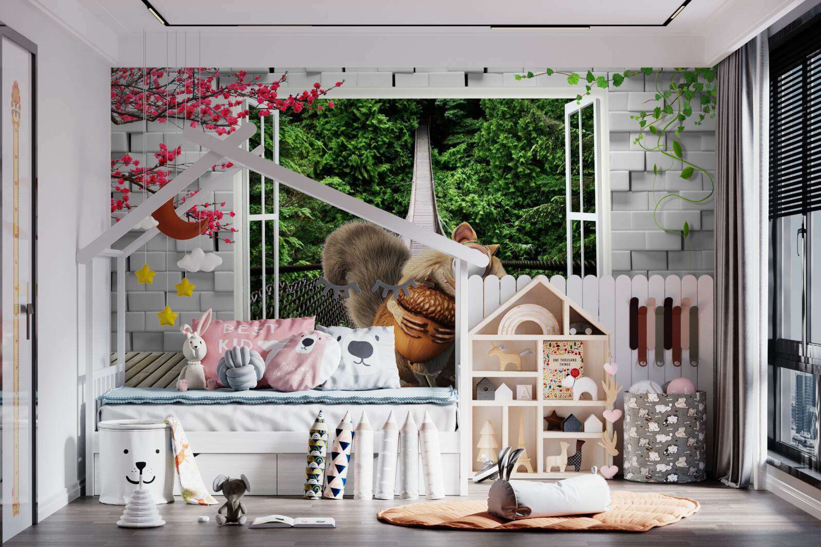 Fototapeta z okna widać rysowaną wiewiórkę