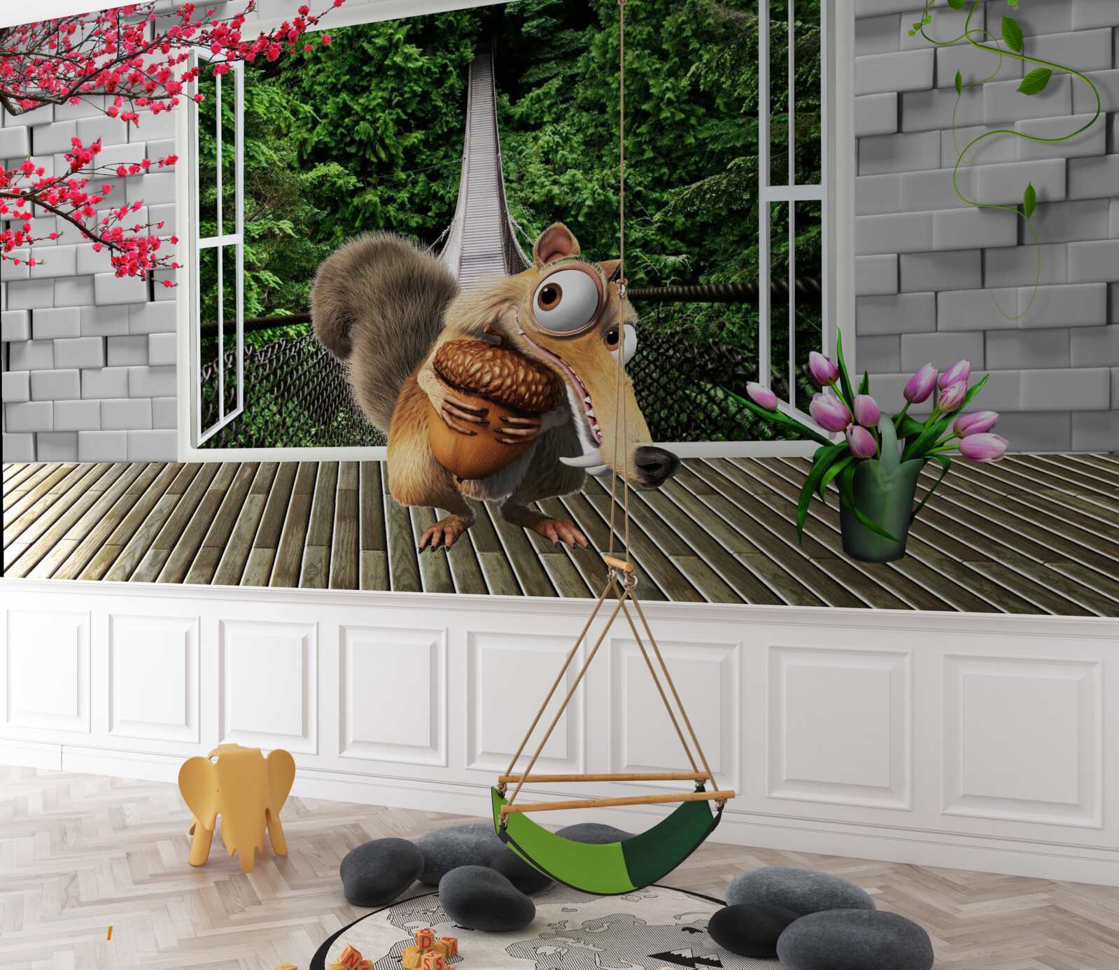 Fototapeta z okna widać rysowaną wiewiórkę