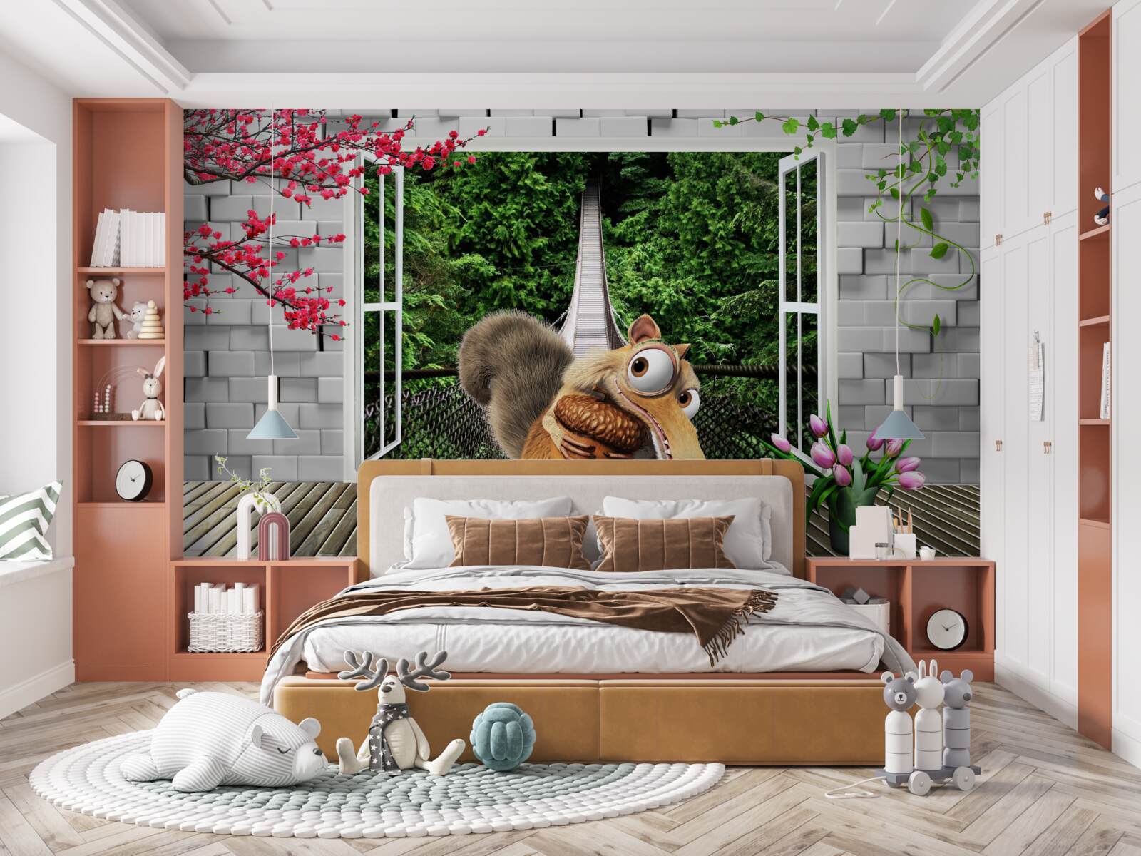 Fototapeta z okna widać rysowaną wiewiórkę