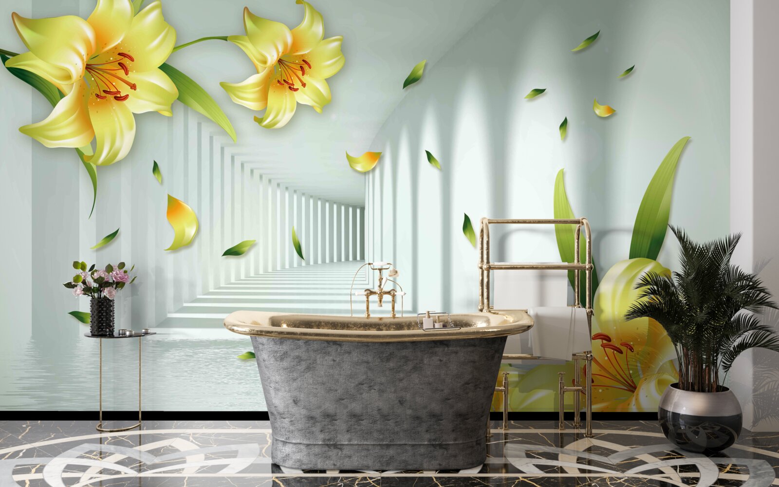 Fototapeta trójwymiarowy tunel z żółtymi liliami