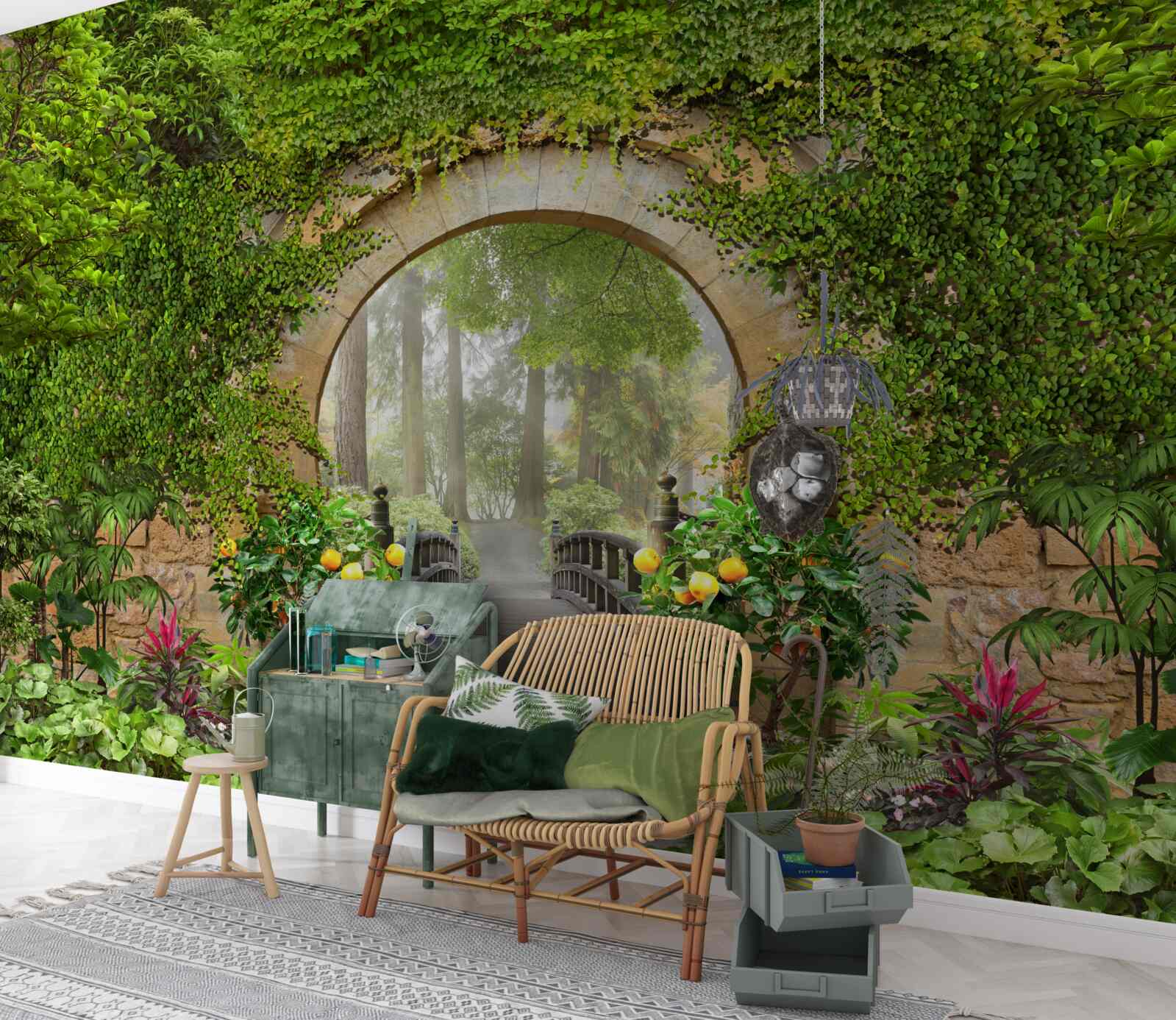 Fototapeta zarośnięty zielony łuk w lesie