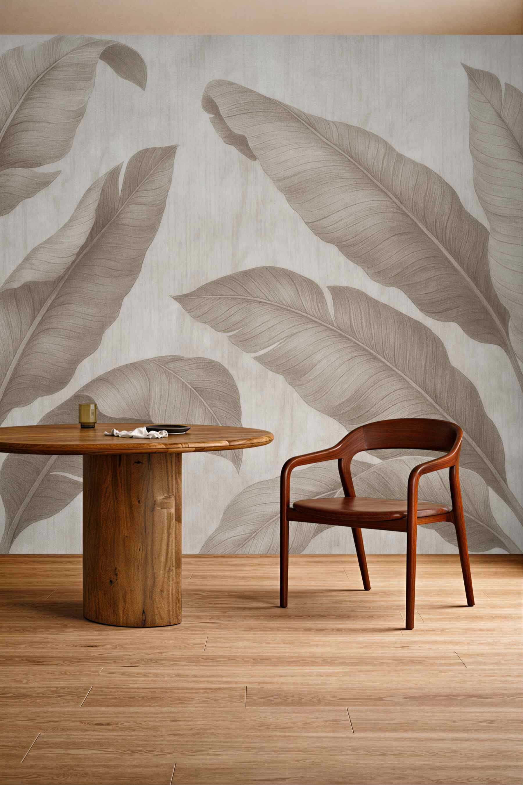 Fototapeta beżowe liście tropikalne w spokojnym stylu