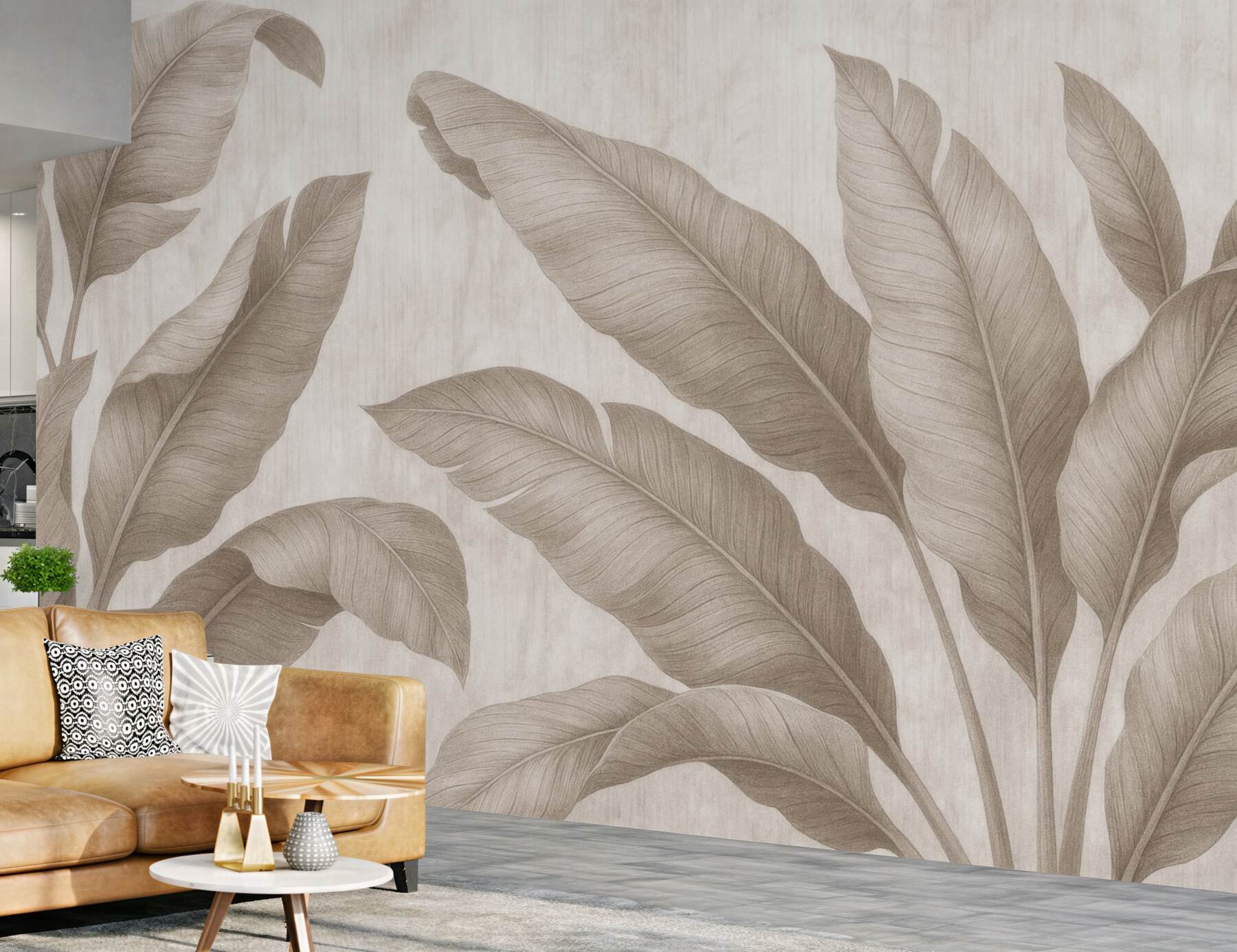 Fototapeta beżowe liście tropikalne w spokojnym stylu