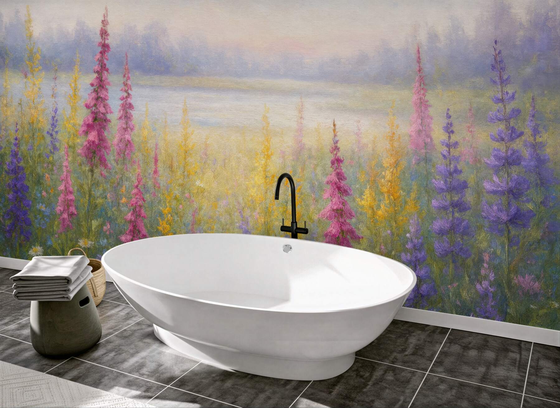 Fototapeta pastelowa łąka nad mglistym jeziorem