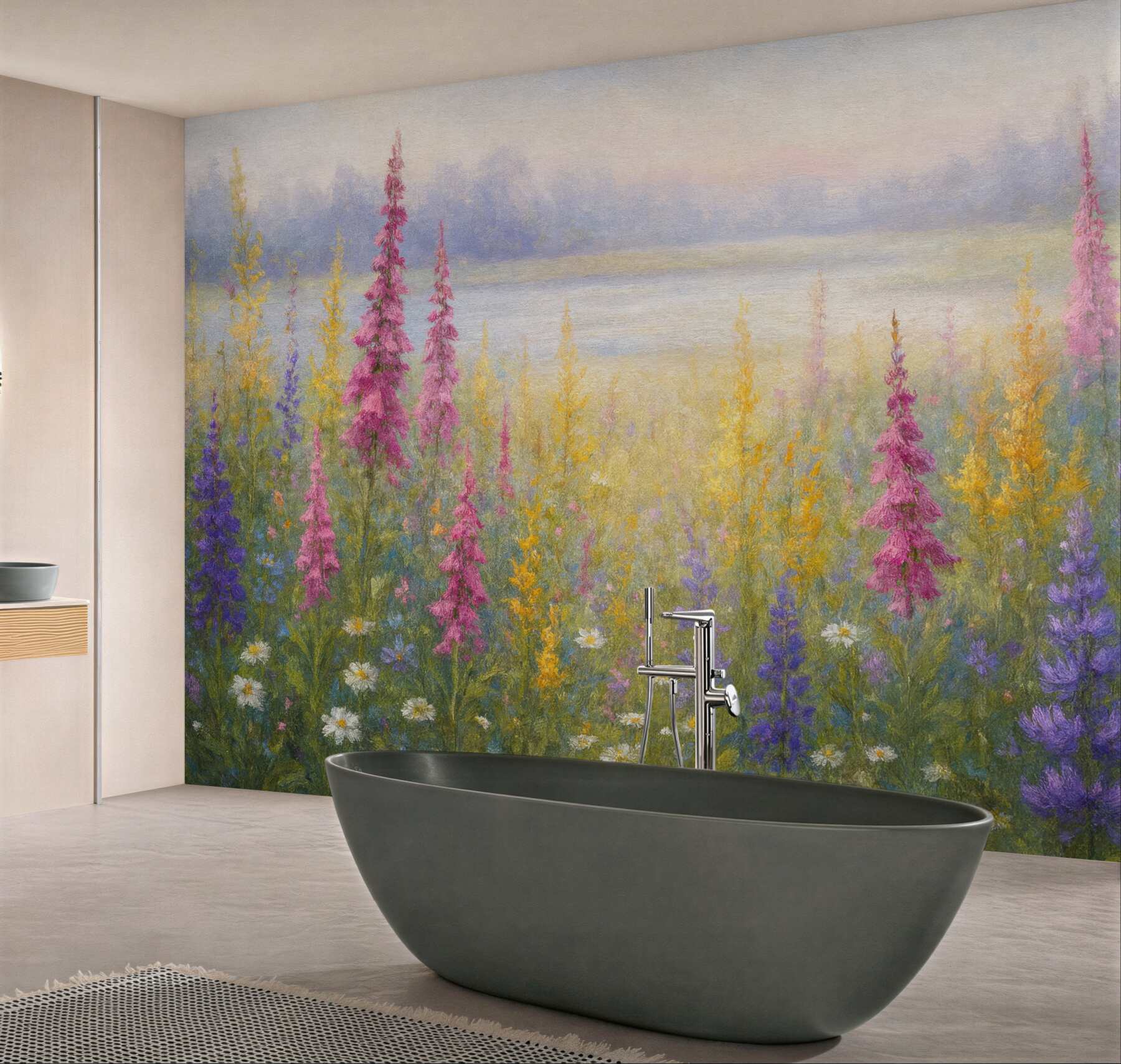 Fototapeta pastelowa łąka nad mglistym jeziorem