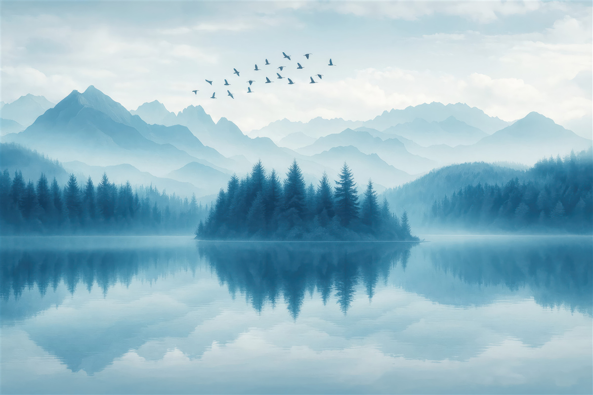 Fototapeta Góry, statek na zamglonym jeziorze.