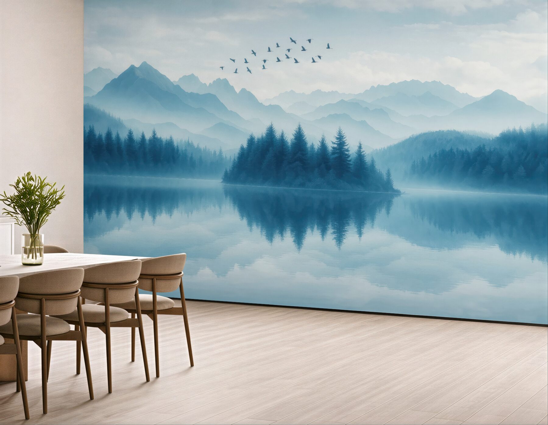 Fototapeta Góry, statek na zamglonym jeziorze.