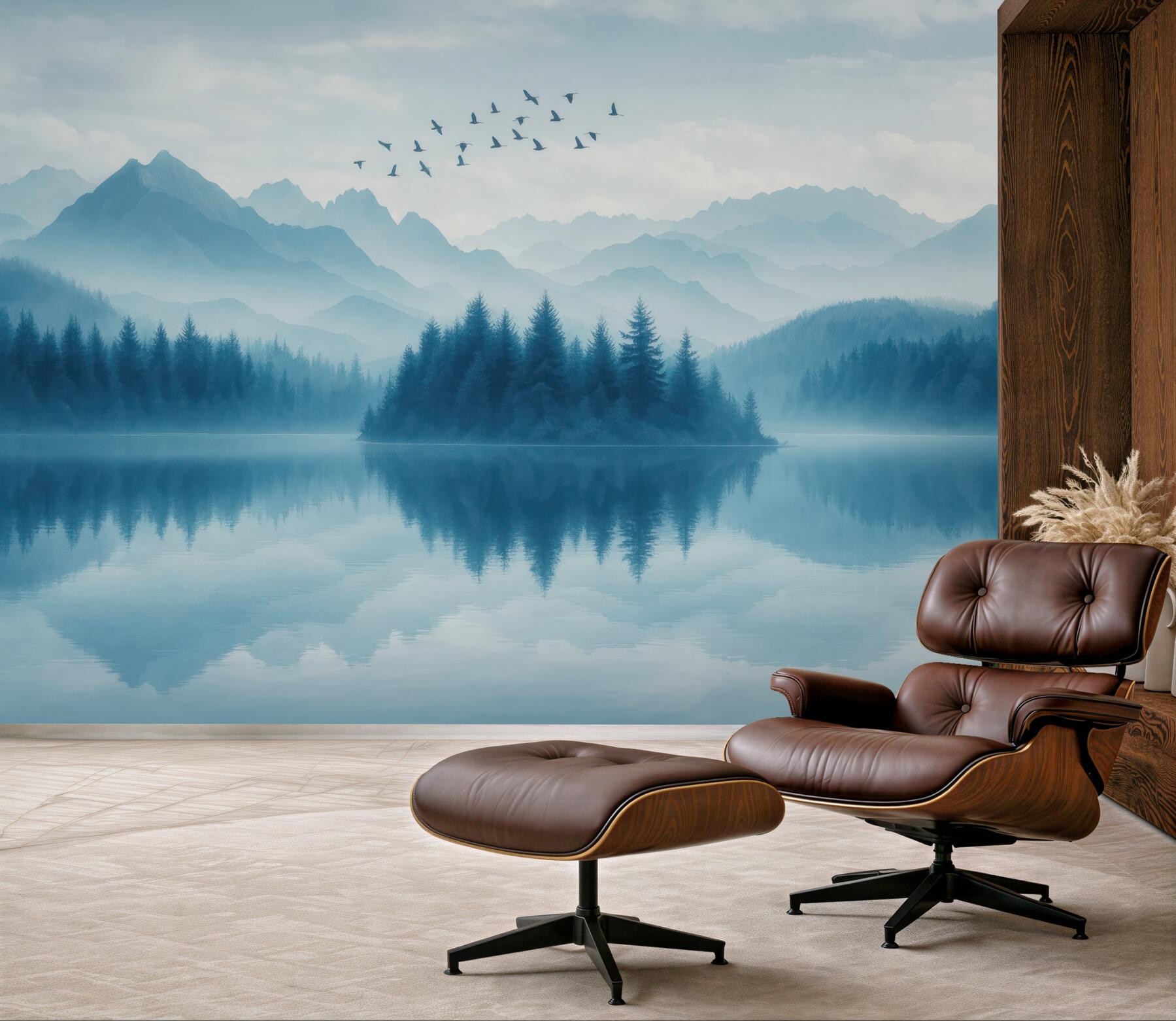 Fototapeta Góry, statek na zamglonym jeziorze.