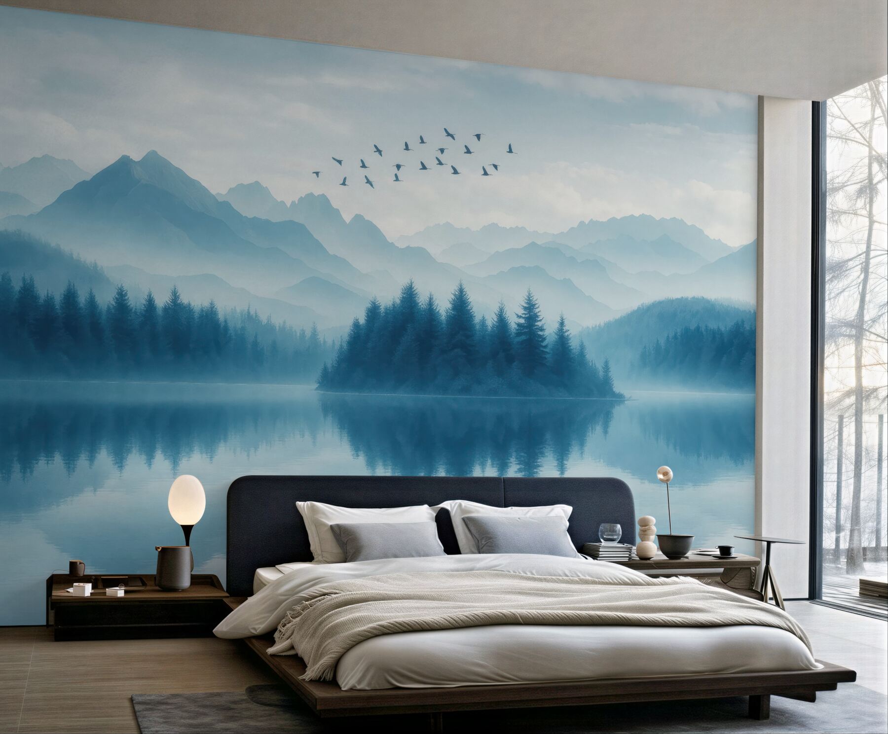 Fototapeta Góry, statek na zamglonym jeziorze.