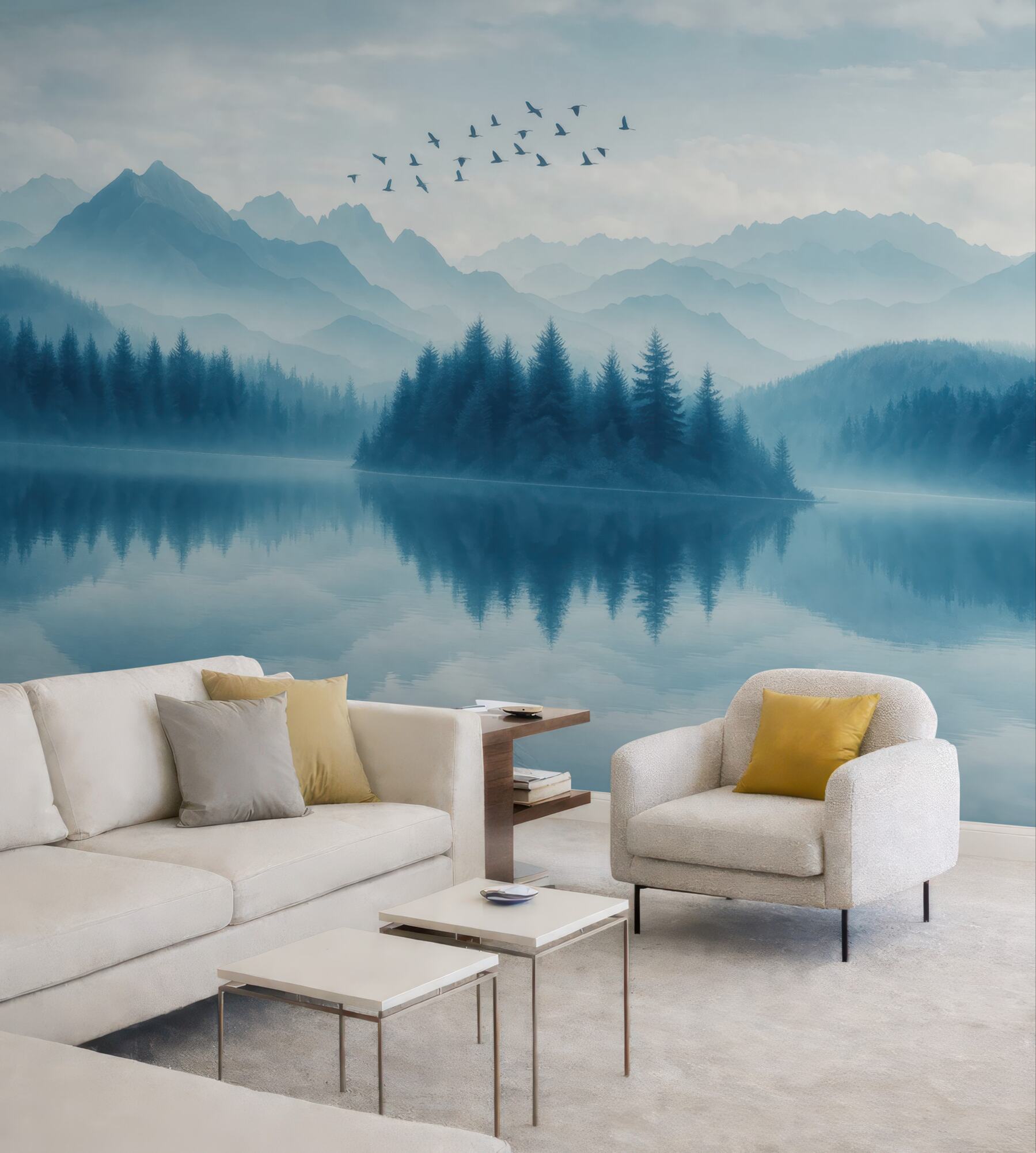 Fototapeta Góry, statek na zamglonym jeziorze.