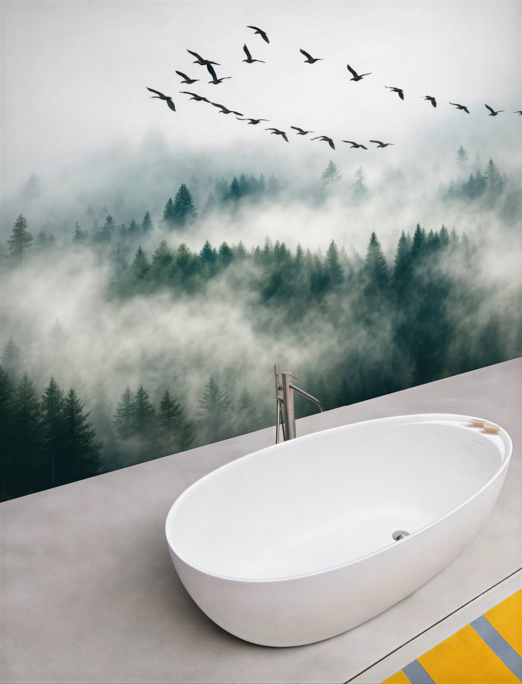 Fototapeta ptaki nad mglistym lasem