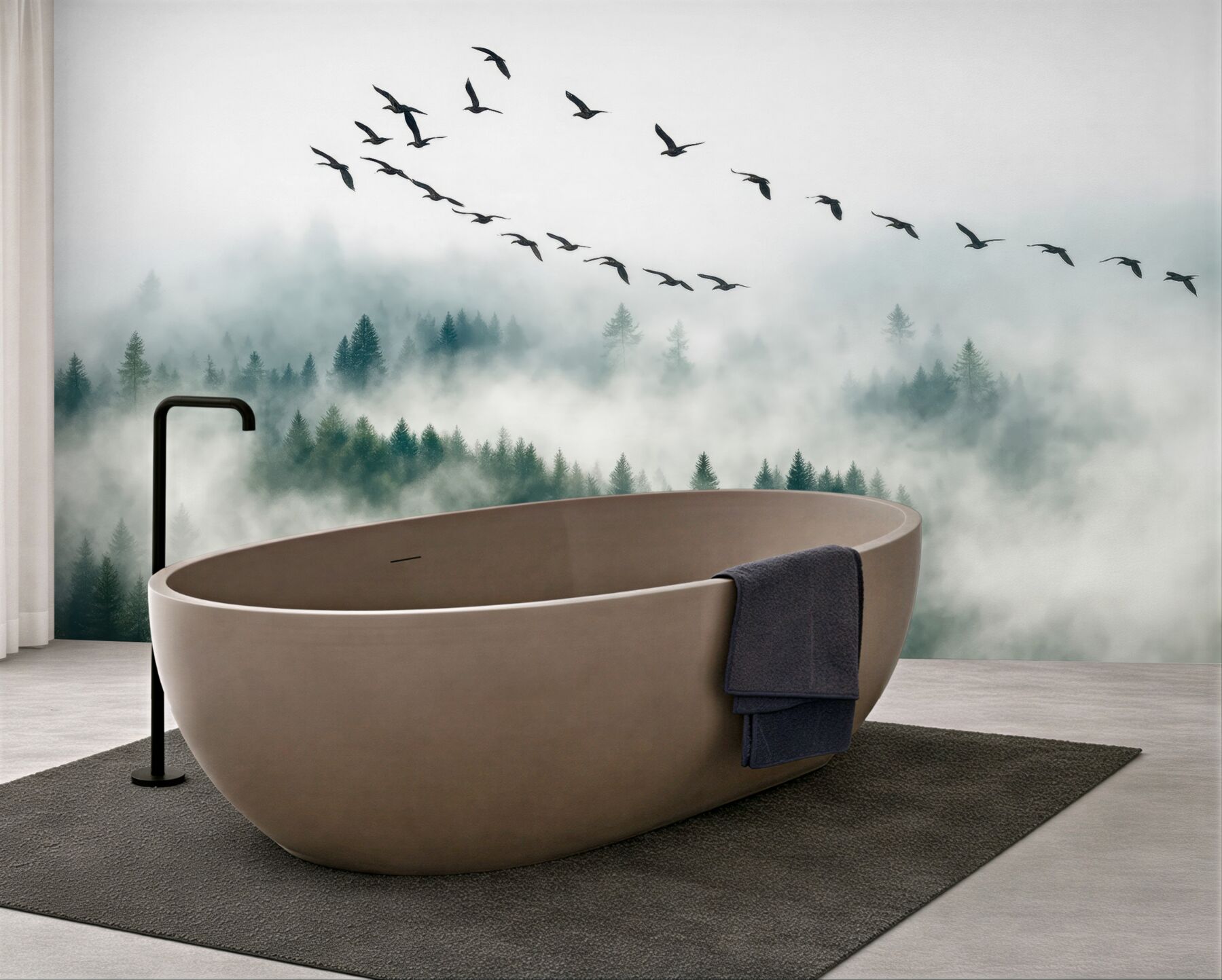 Fototapeta ptaki nad mglistym lasem