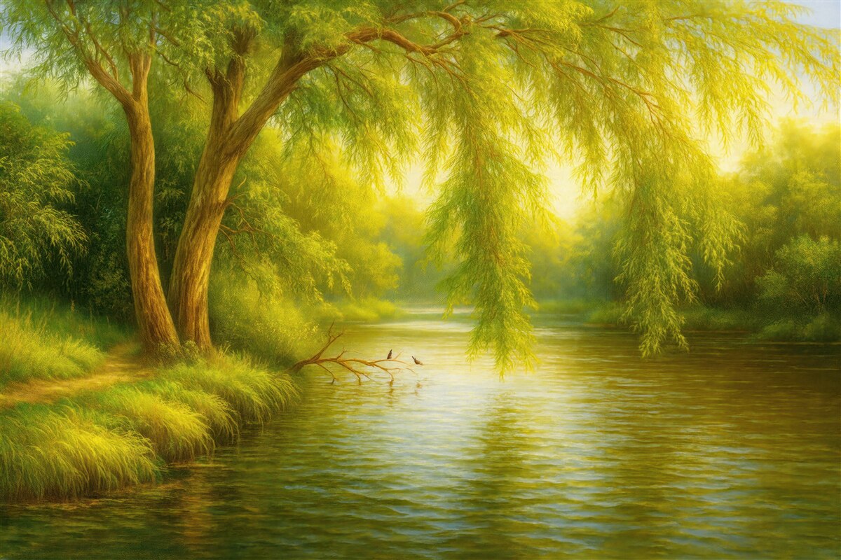 Fototapeta słoneczna wierzba nad spokojną rzeką