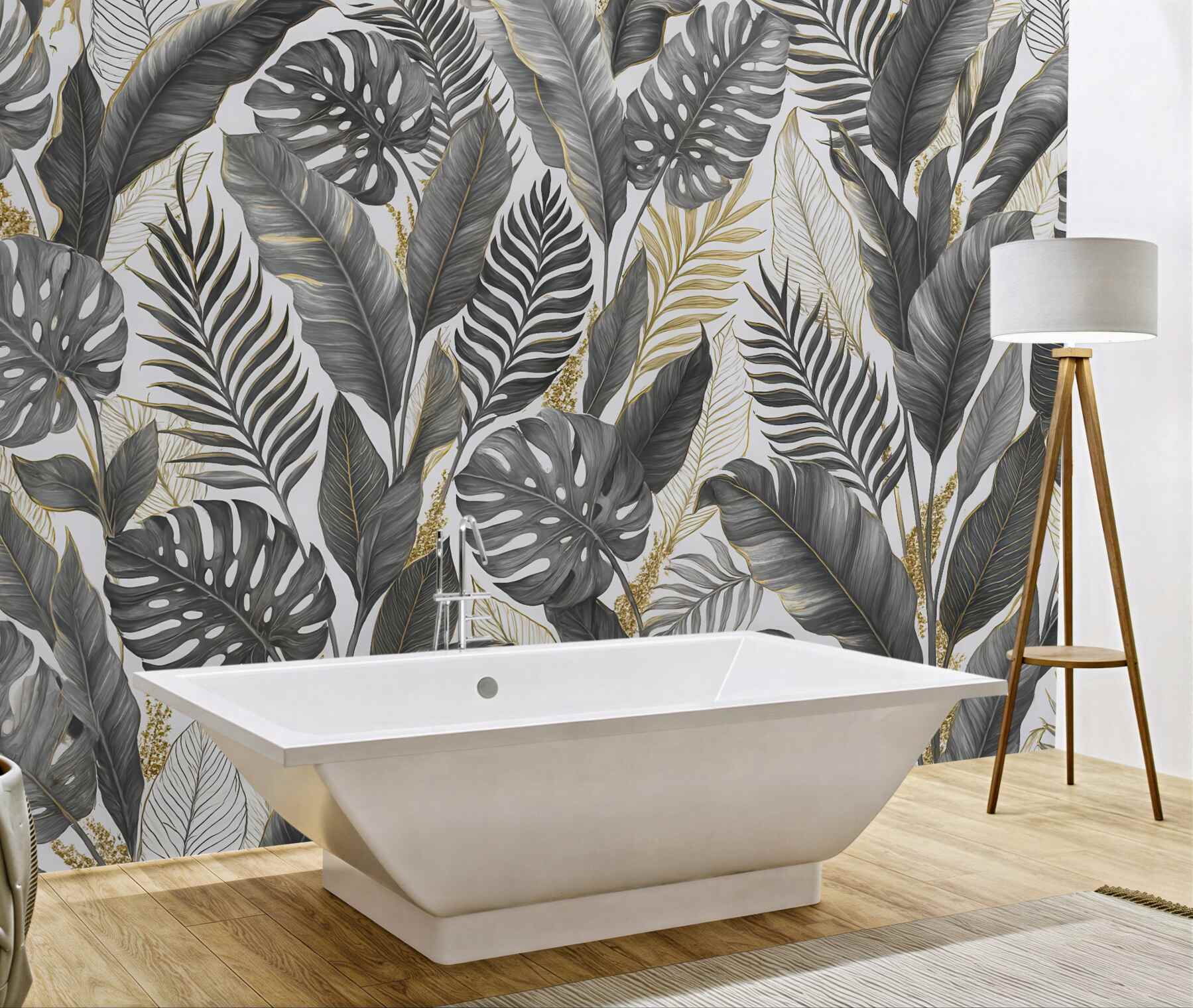 Fototapeta tropikalne liście w szaro-złotej elegancji