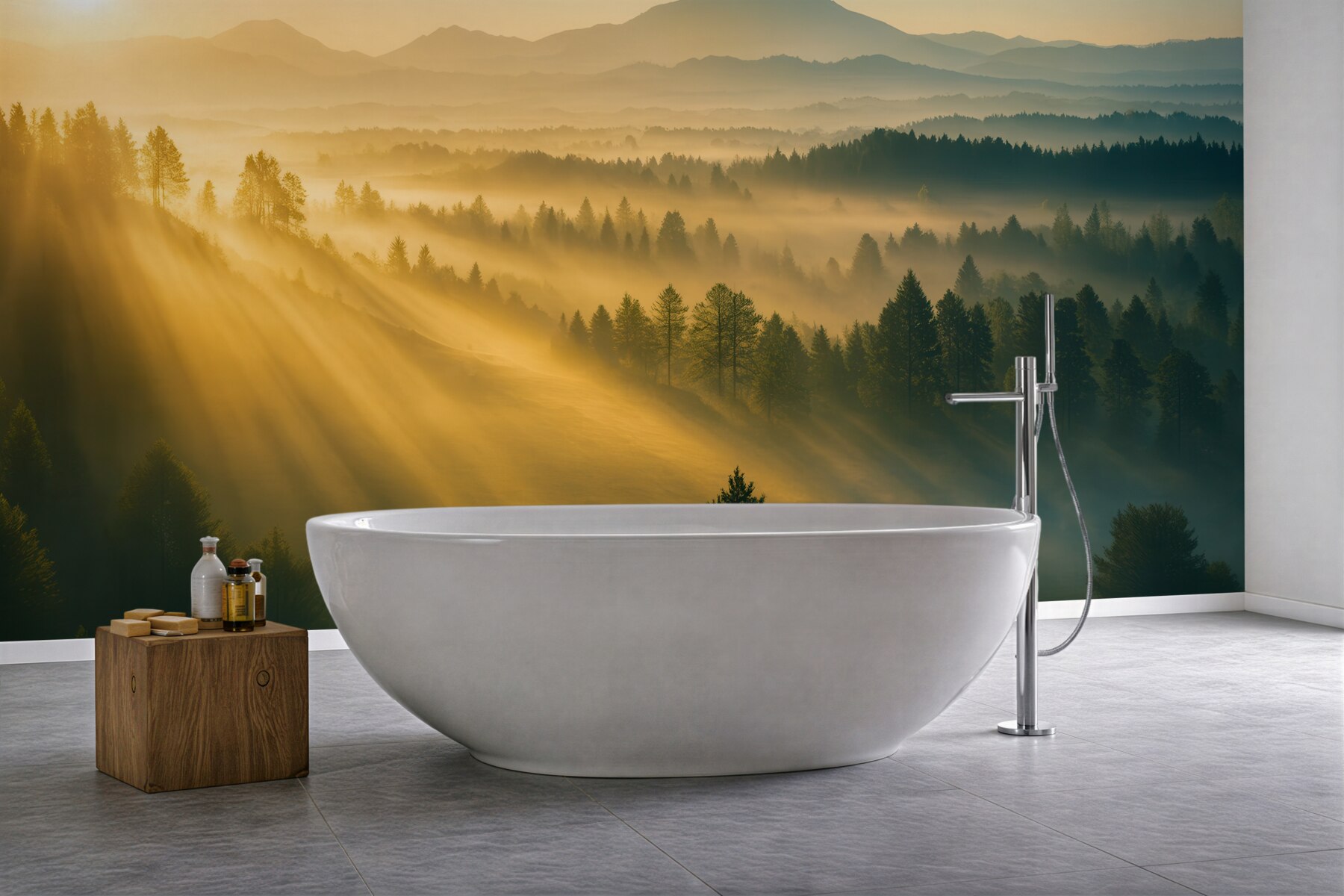 Fototapeta złoty świt nad mglistym lasem