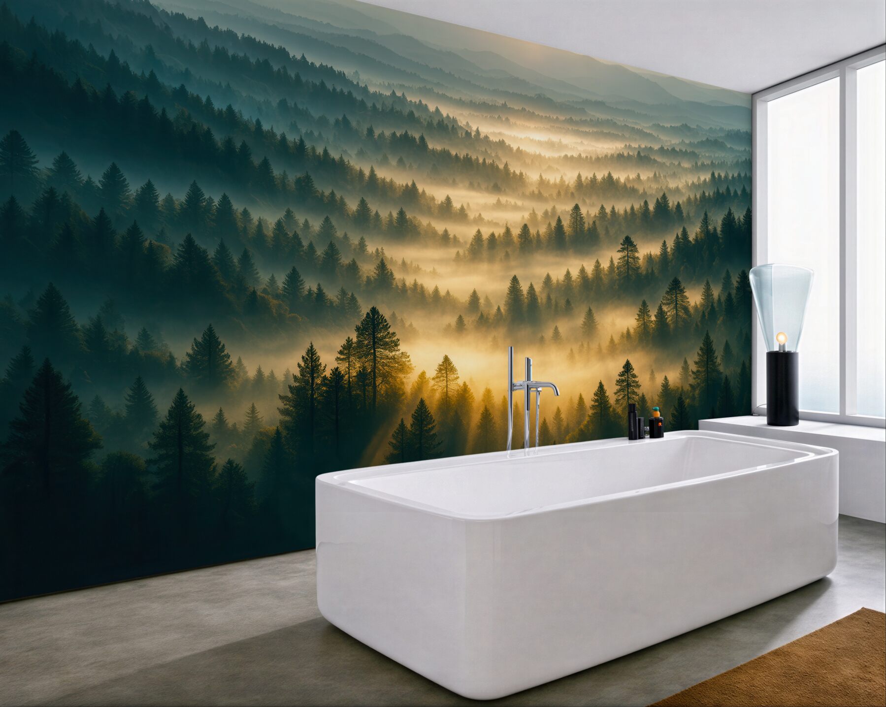 Fototapeta leśna mgła w promieniach słońca