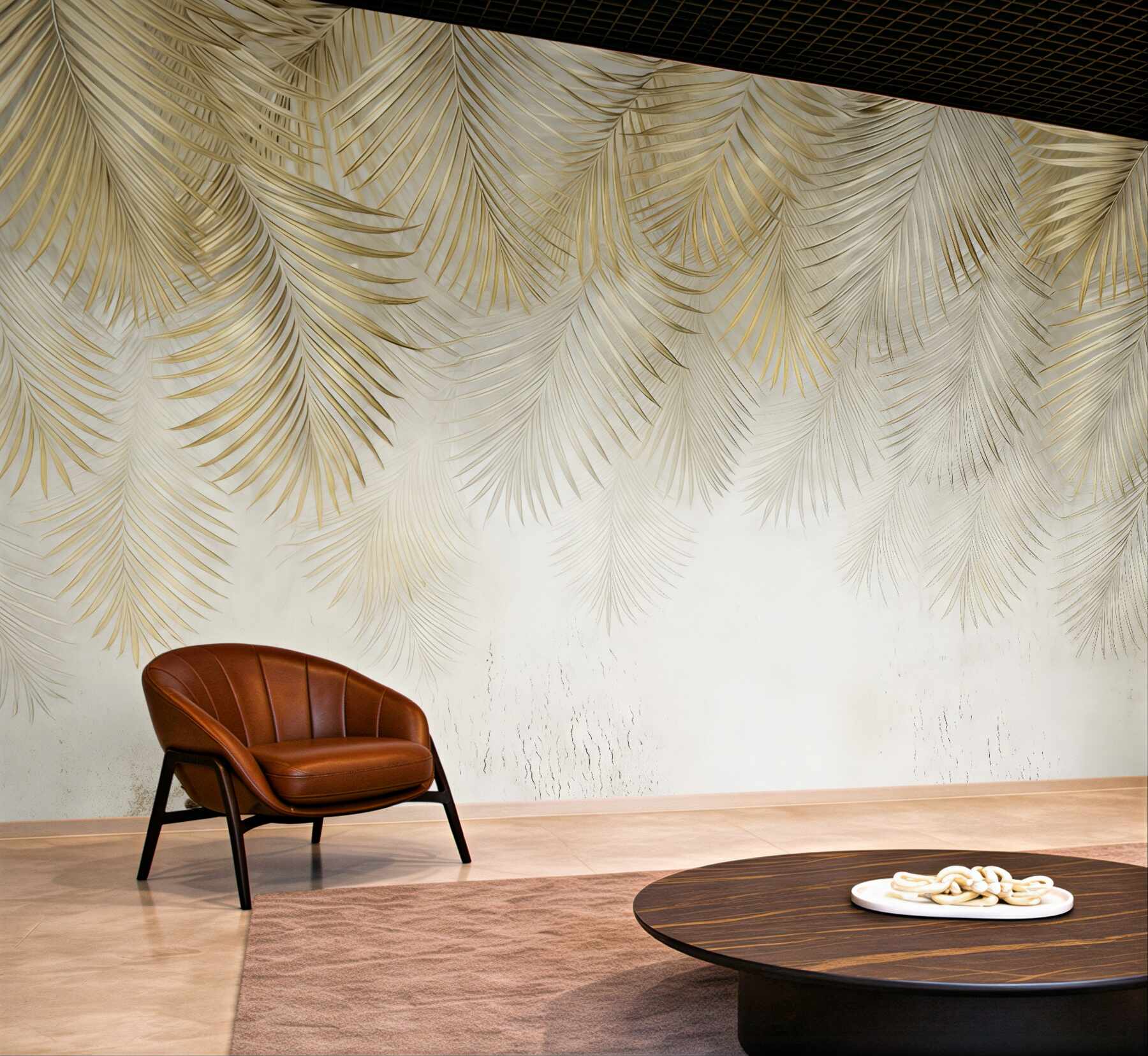 Fototapeta złote liście palmowe w beżu