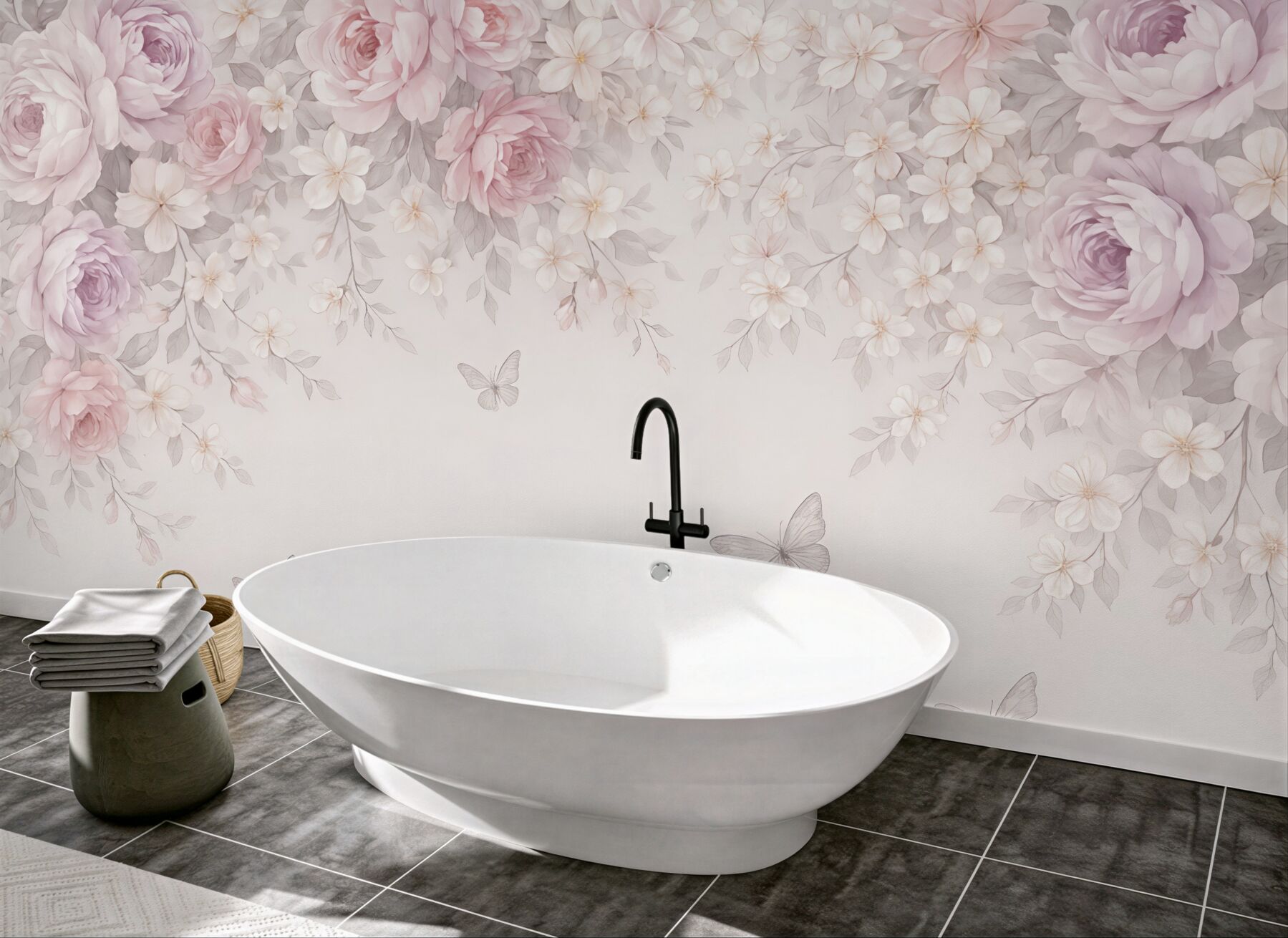 Fototapeta pudrowe kwiaty z motylami