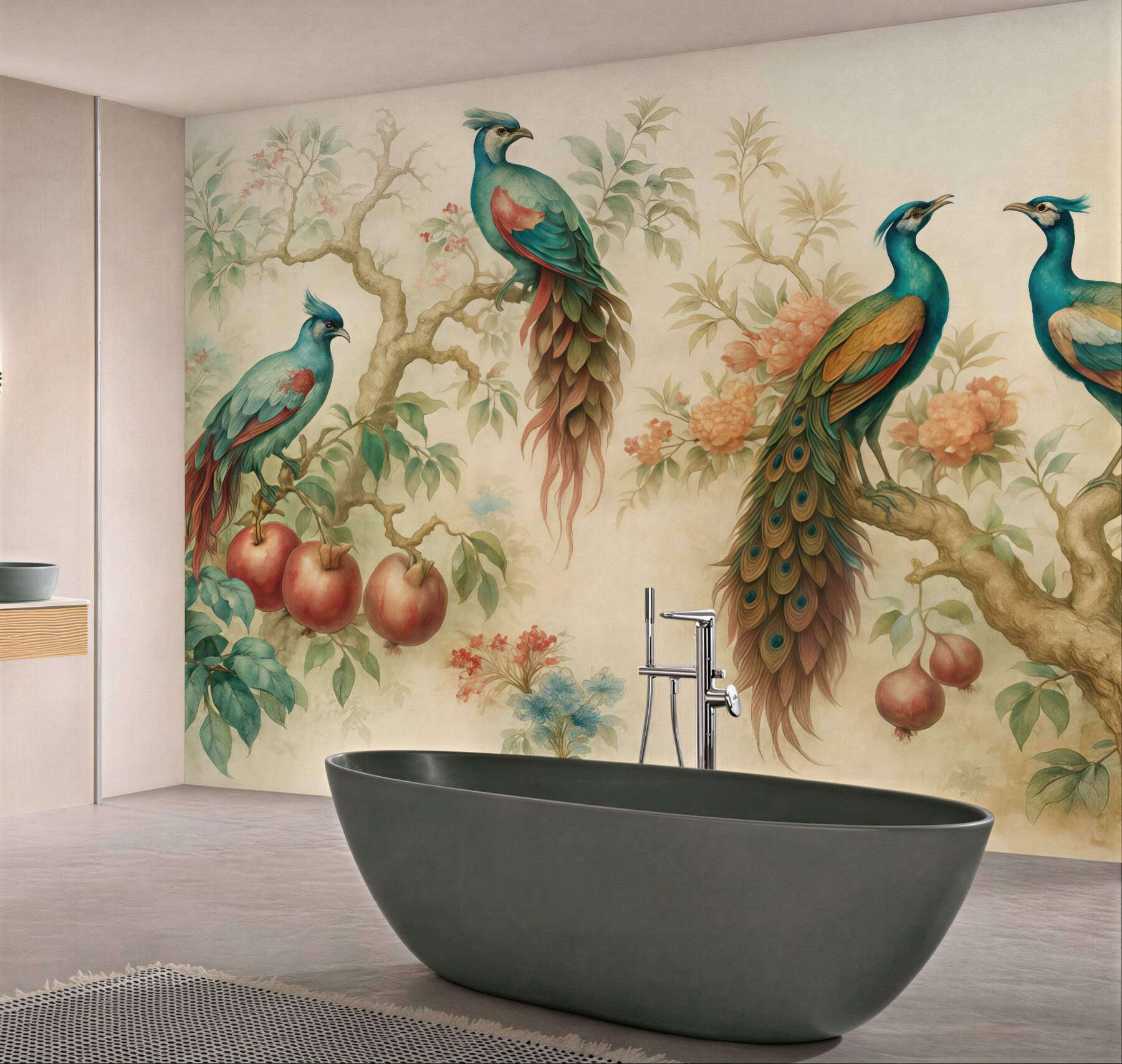 Fototapeta pawie w baśniowym sadzie kwiatów