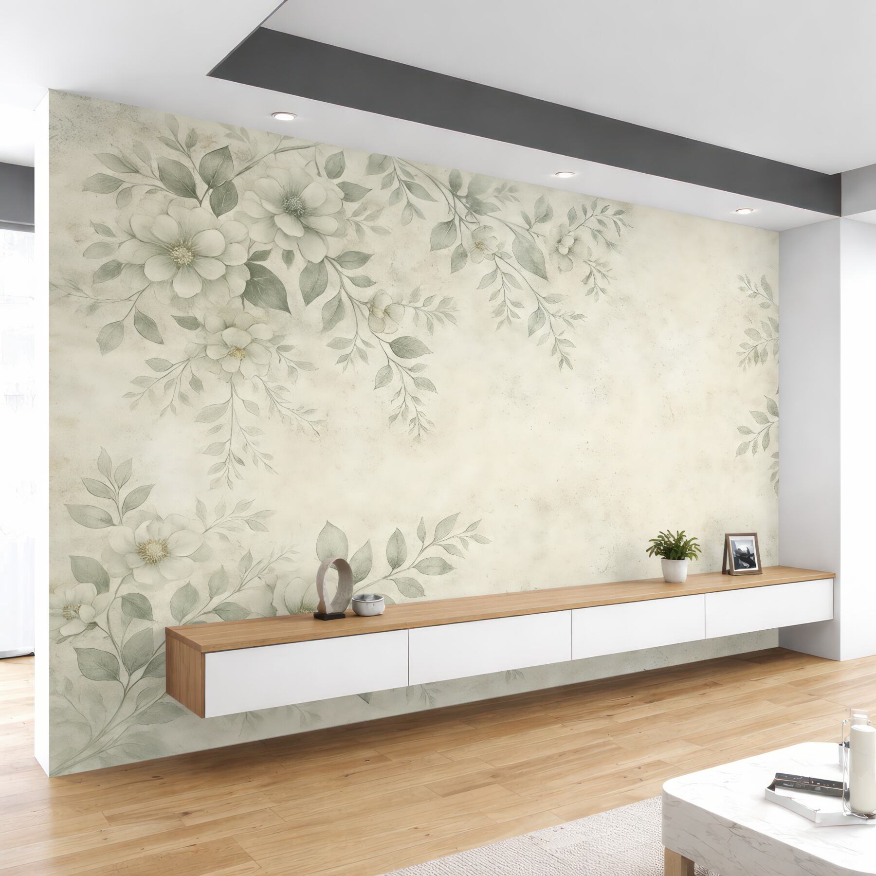 Fototapeta Kwiaty z konarami na szarym tle w stylu grunge minimalizm.