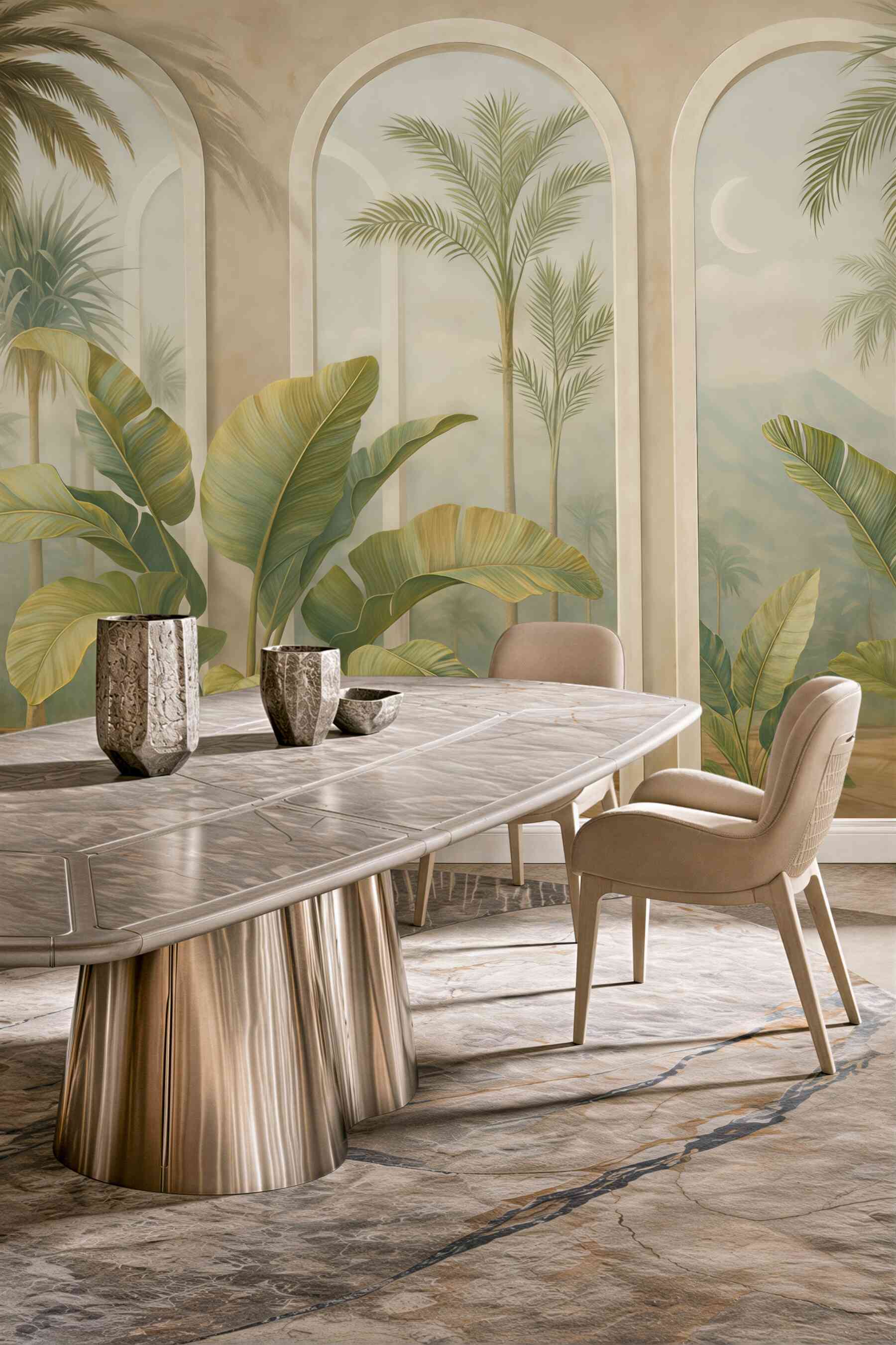 Fototapeta Liście tropikalne w 3D z palmami oraz kolumnami.