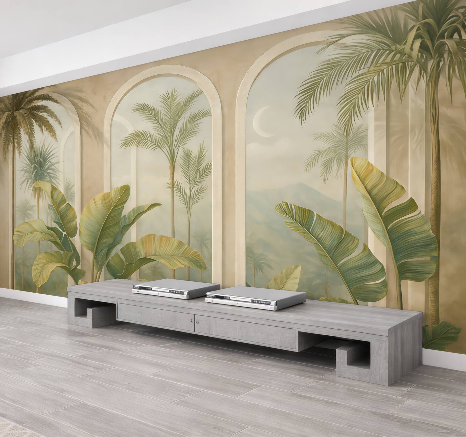 Fototapeta Liście tropikalne w 3D z palmami oraz kolumnami.