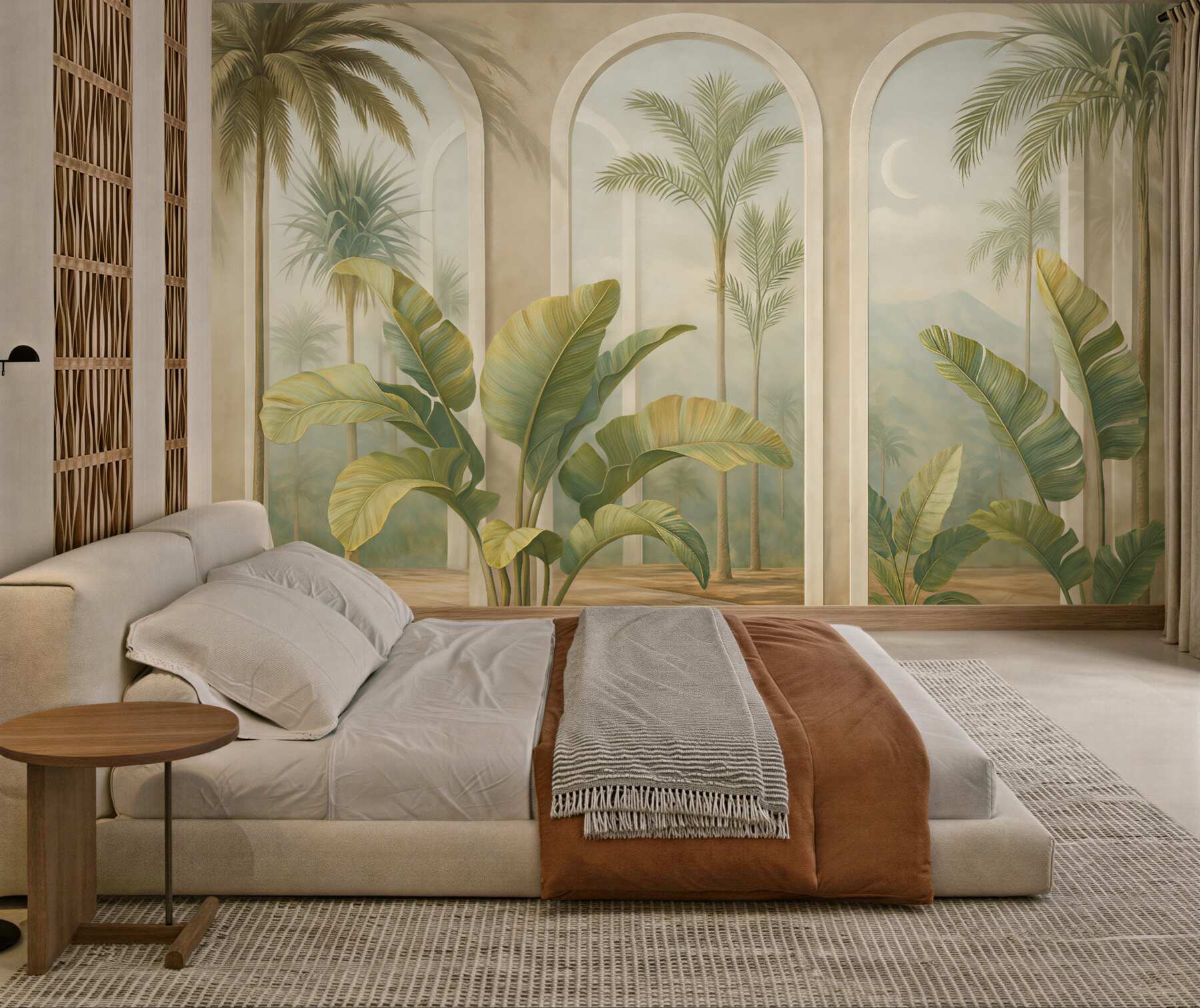 Fototapeta Liście tropikalne w 3D z palmami oraz kolumnami.