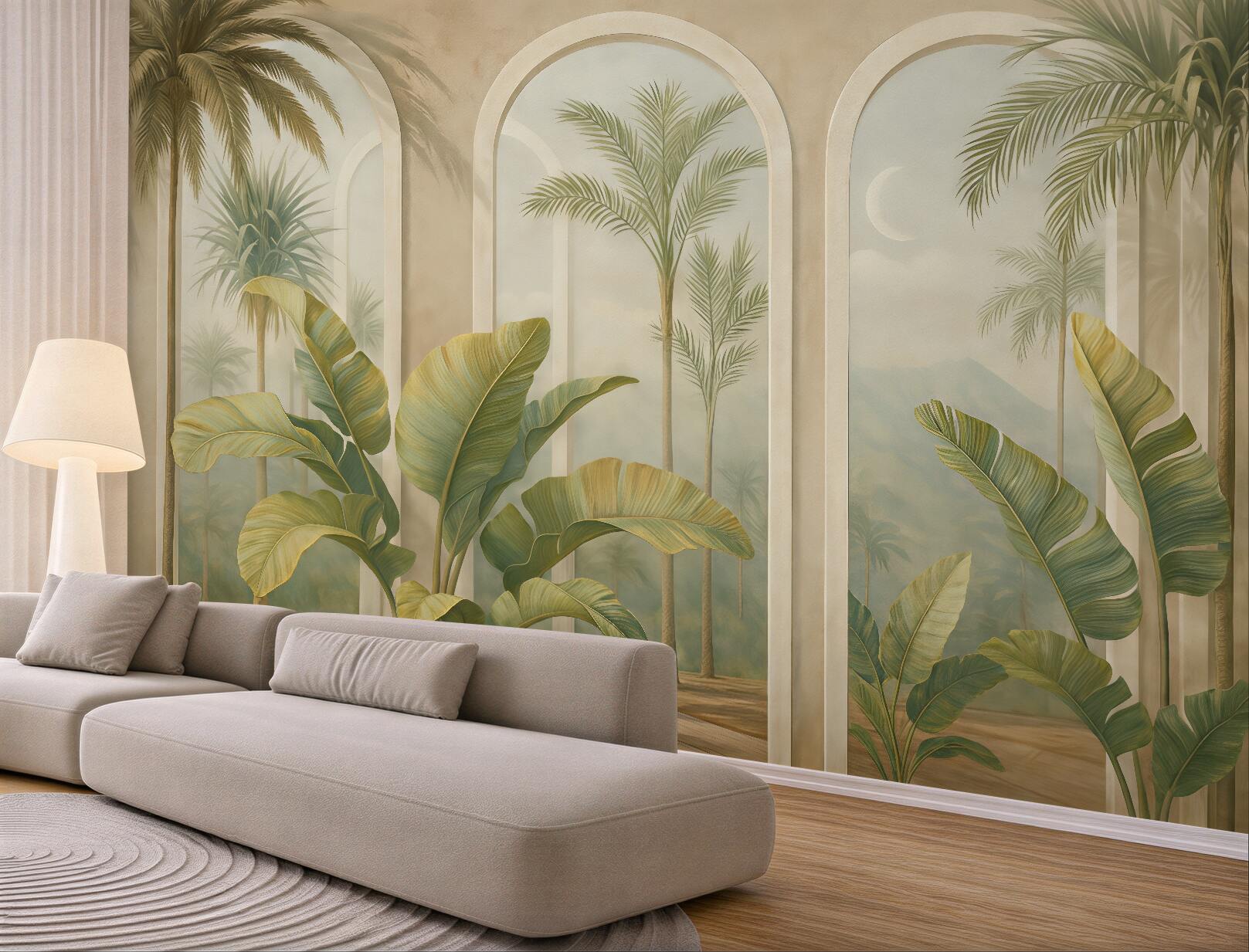 Fototapeta Liście tropikalne w 3D z palmami oraz kolumnami.