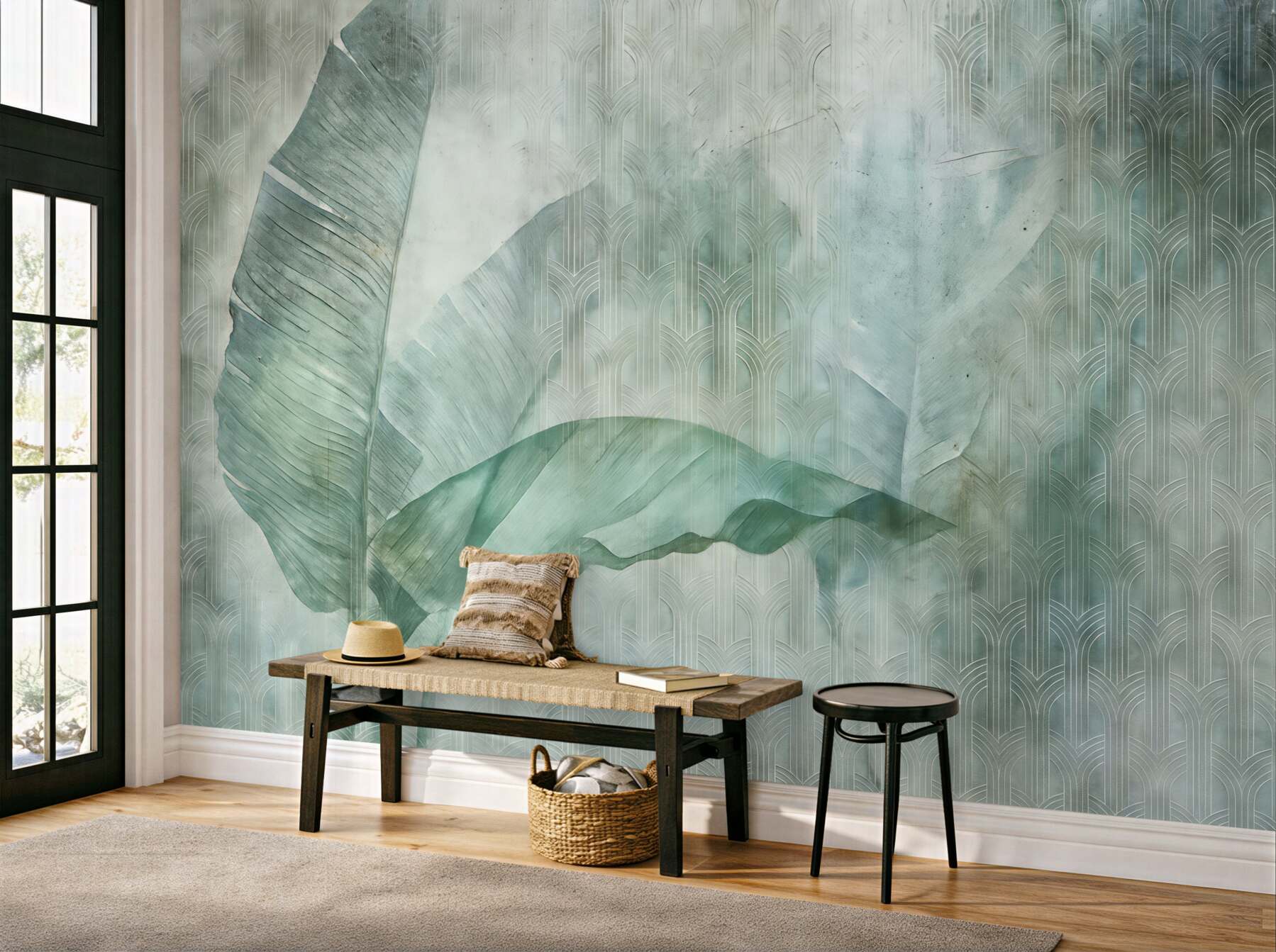 Fototapeta turkusowe liście w stylu art déco