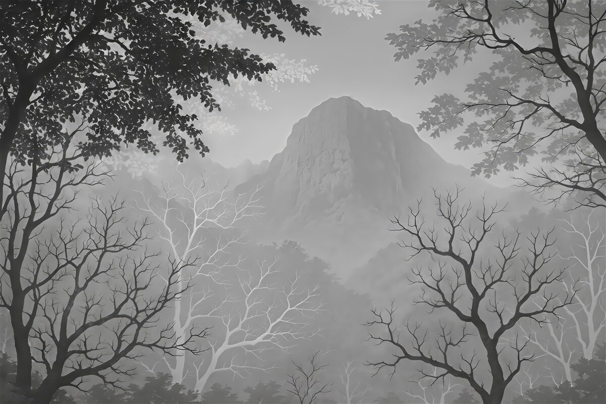 Fototapeta Ilustracja lasu na tle gór z zamgleniem.