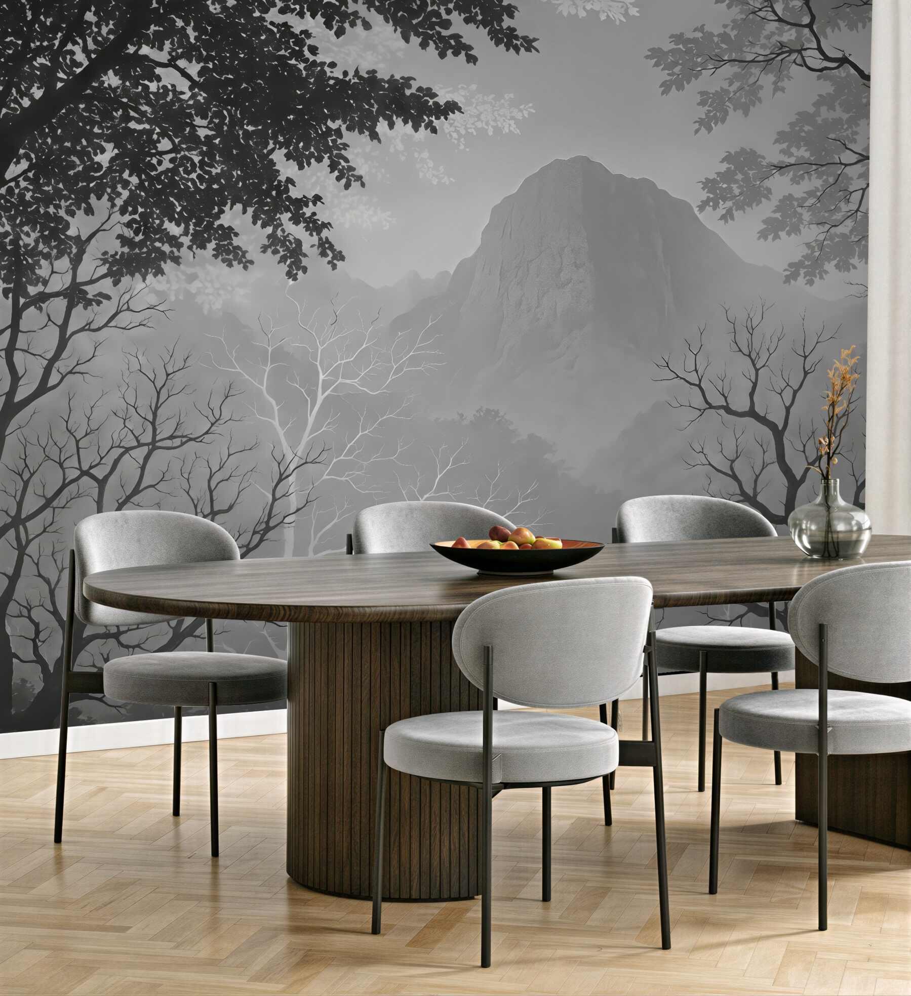 Fototapeta Ilustracja lasu na tle gór z zamgleniem.