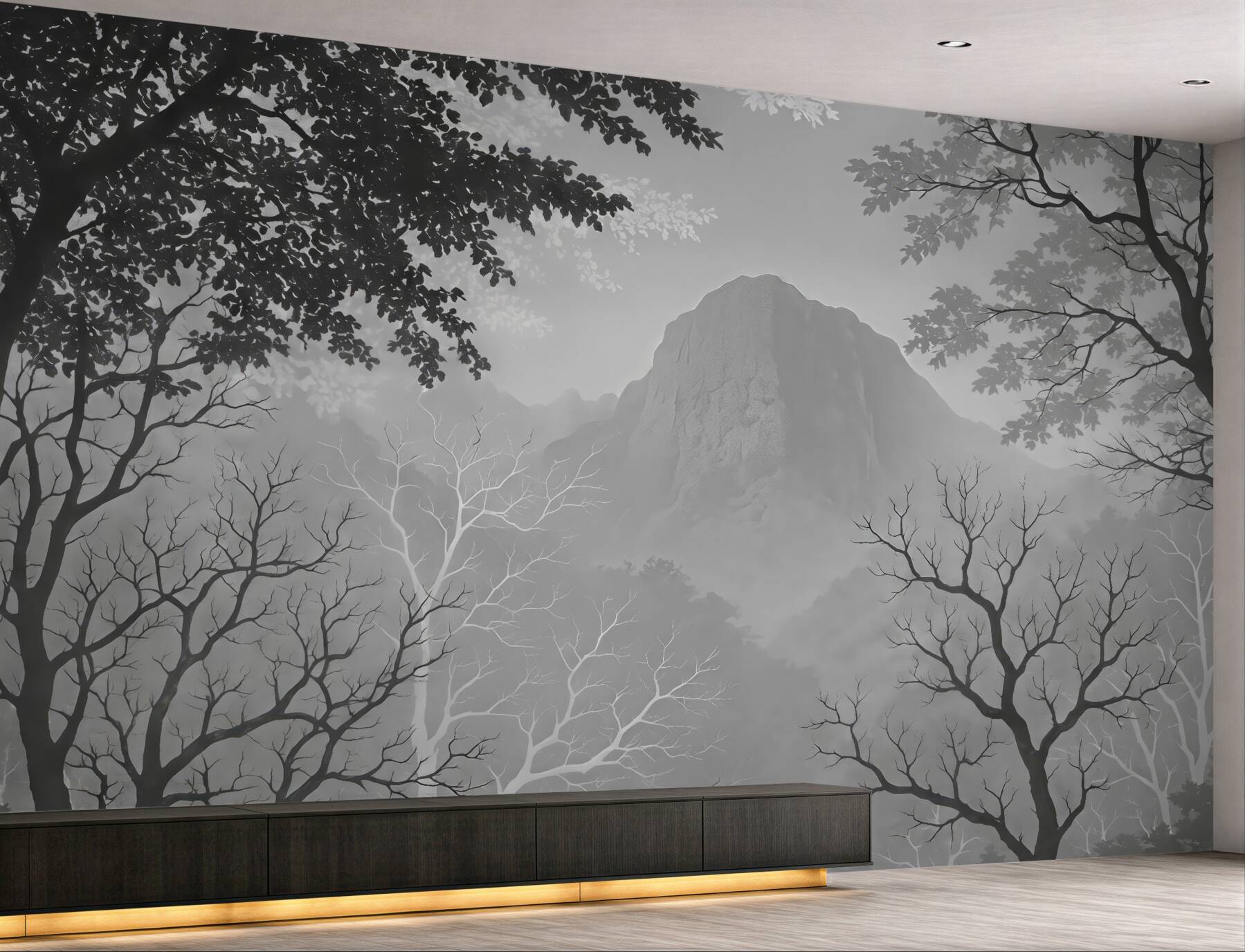 Fototapeta Ilustracja lasu na tle gór z zamgleniem.