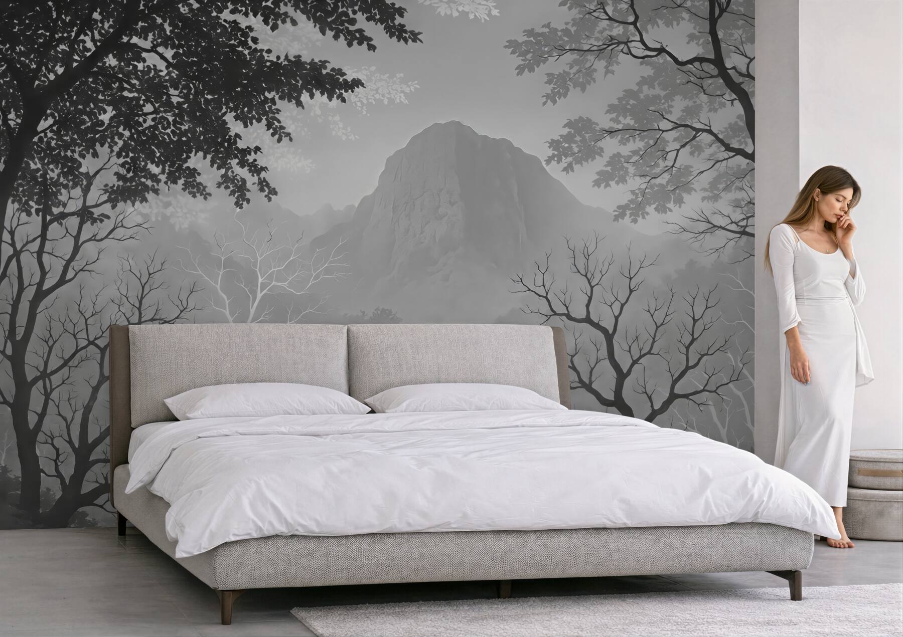 Fototapeta Ilustracja lasu na tle gór z zamgleniem.