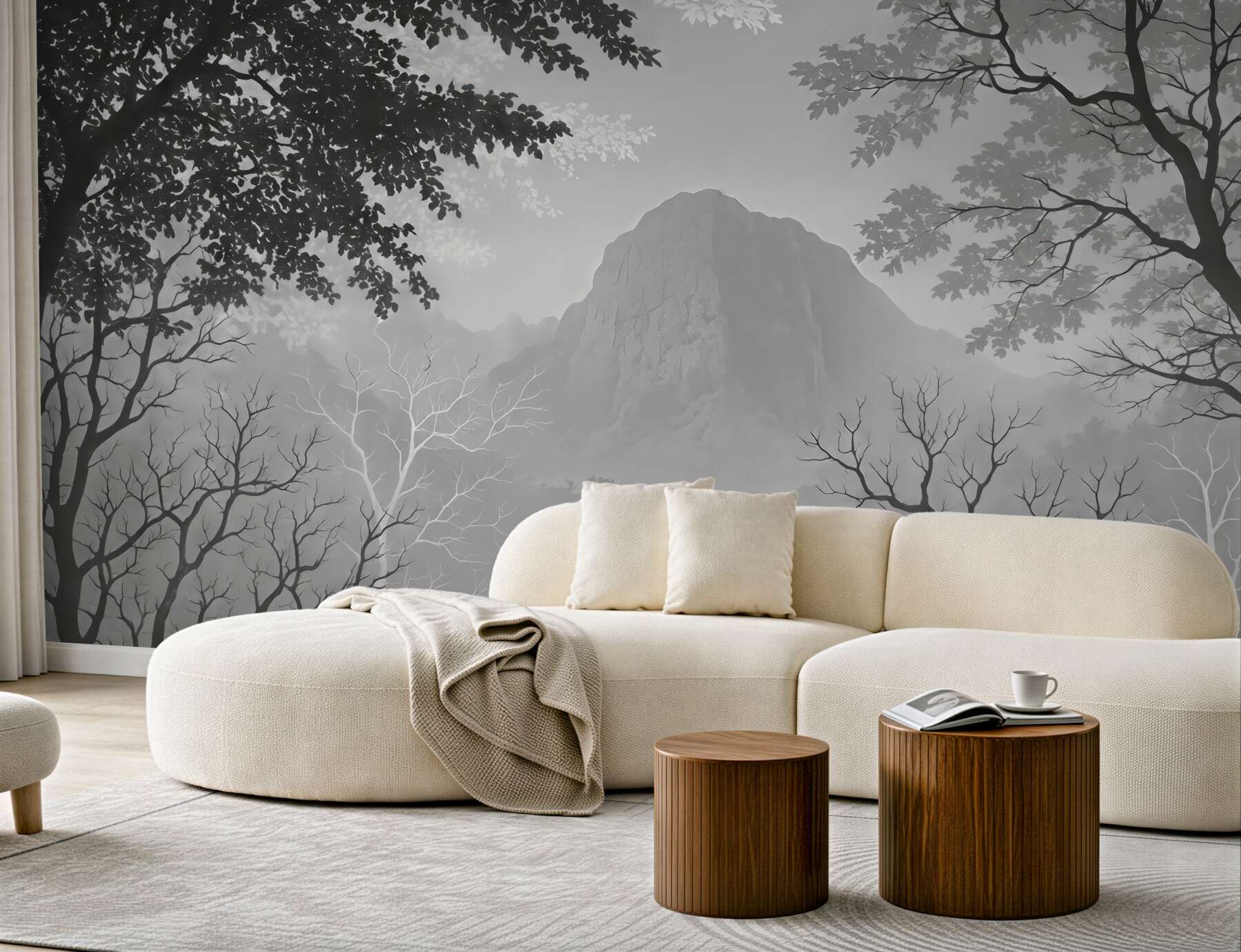 Fototapeta Ilustracja lasu na tle gór z zamgleniem.