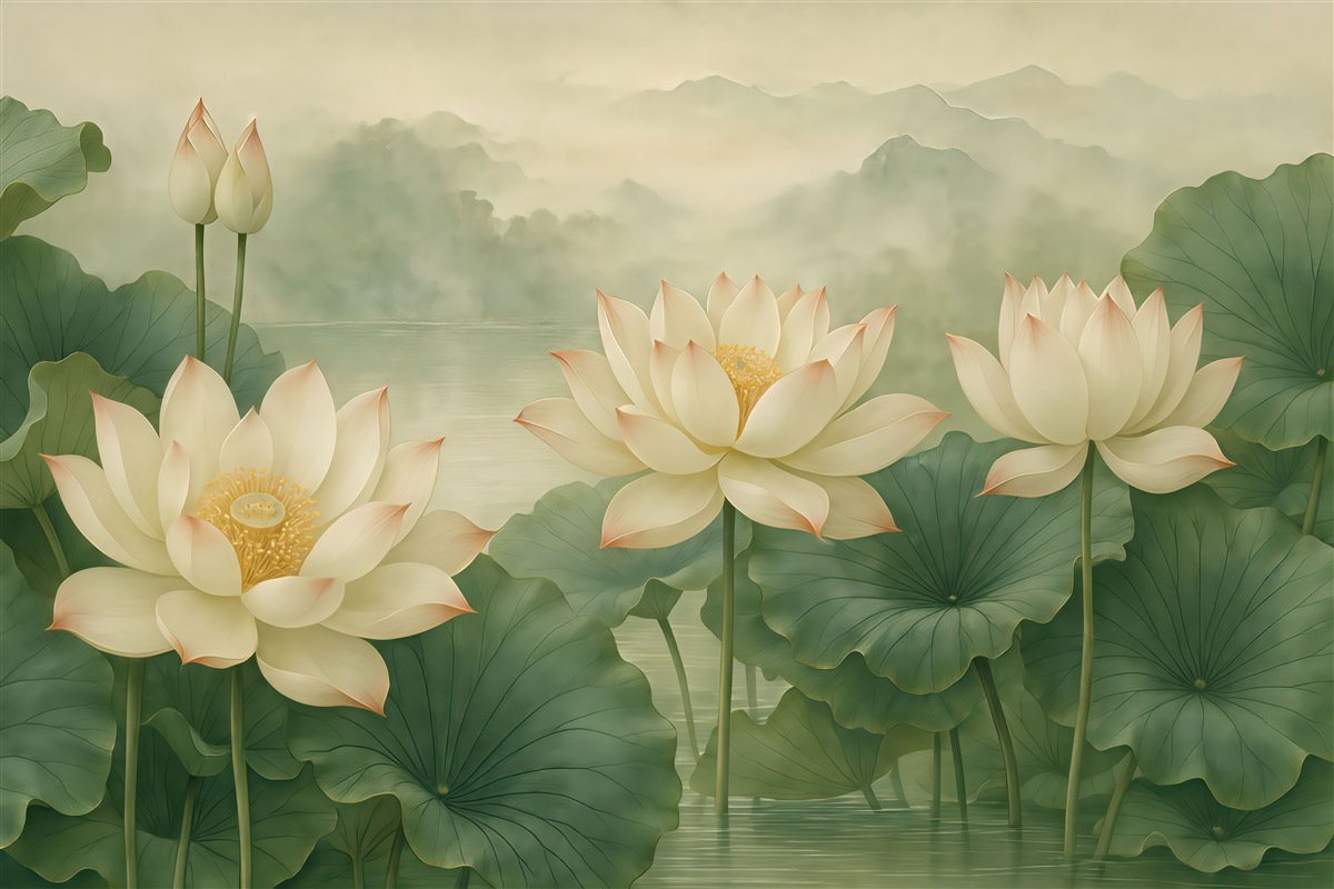 Fototapeta kremowe lotosy w mglistym jeziorze
