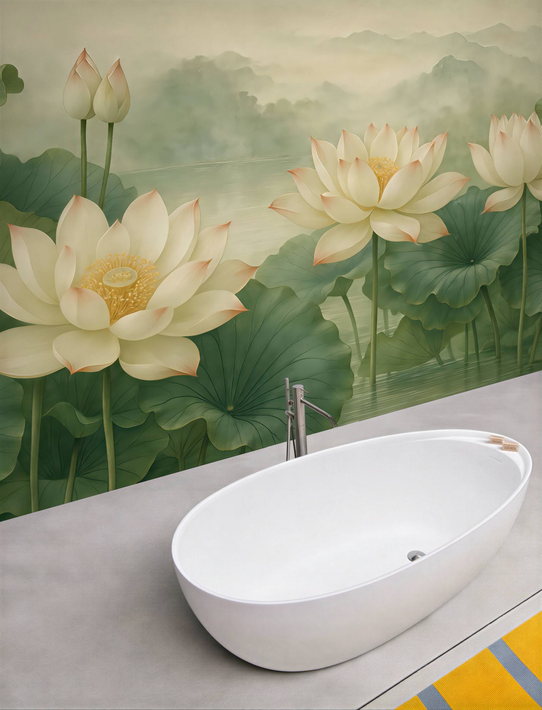 Fototapeta kremowe lotosy w mglistym jeziorze