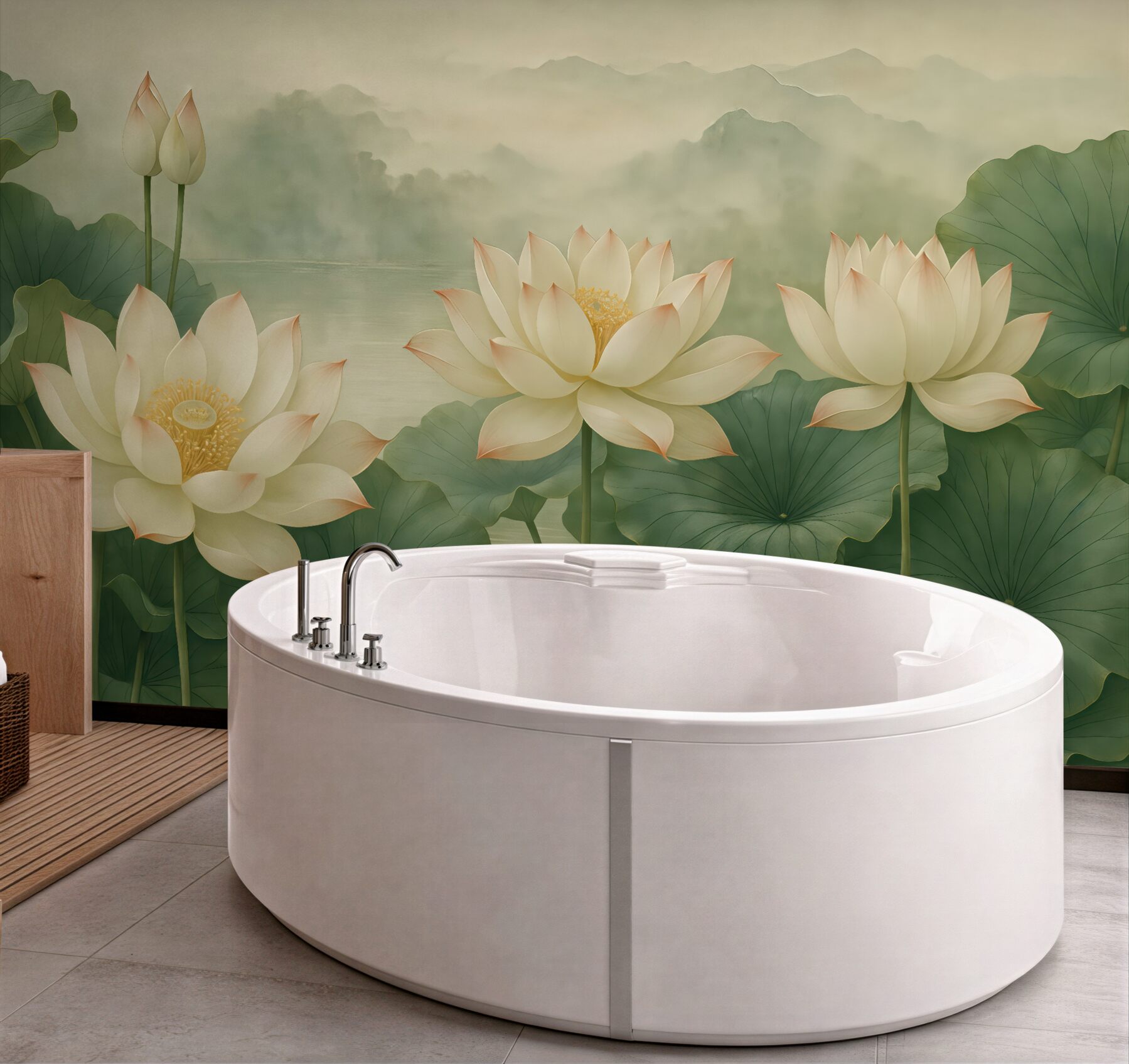 Fototapeta kremowe lotosy w mglistym jeziorze