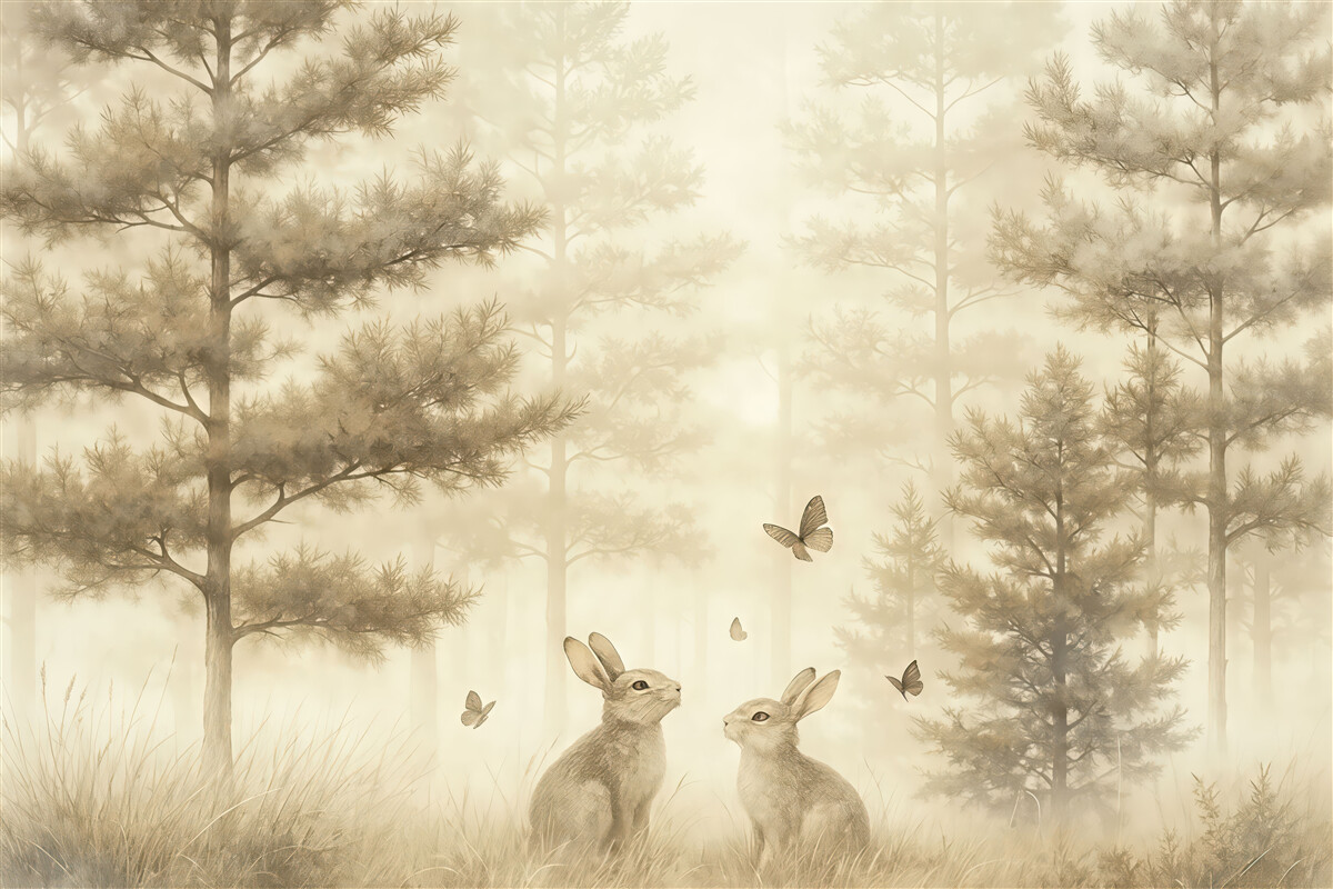 Fototapeta leśna mgła z królikami i motylami