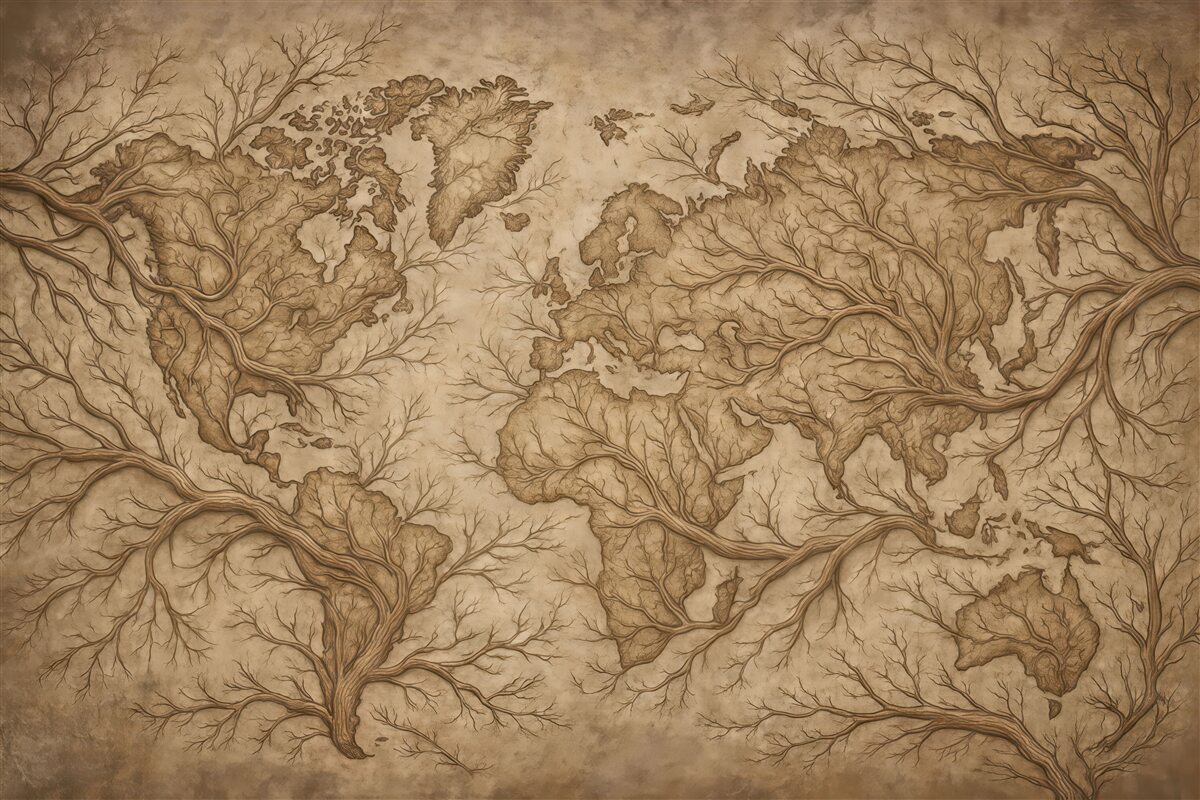 Fototapeta stara mapa świata z korzeniami drzew