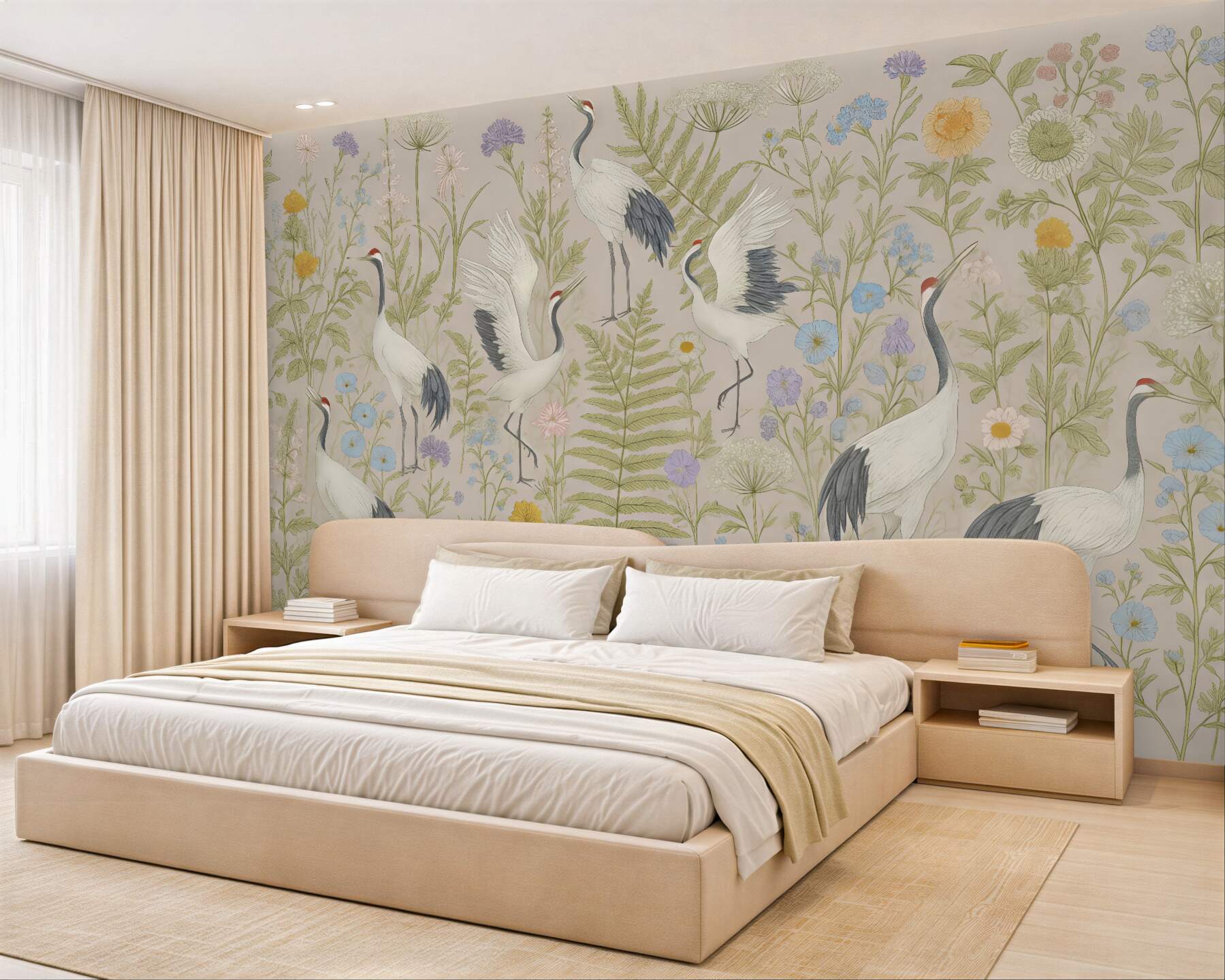 Fototapeta Stylowe żurawie pośród kolorowych kwiatów.