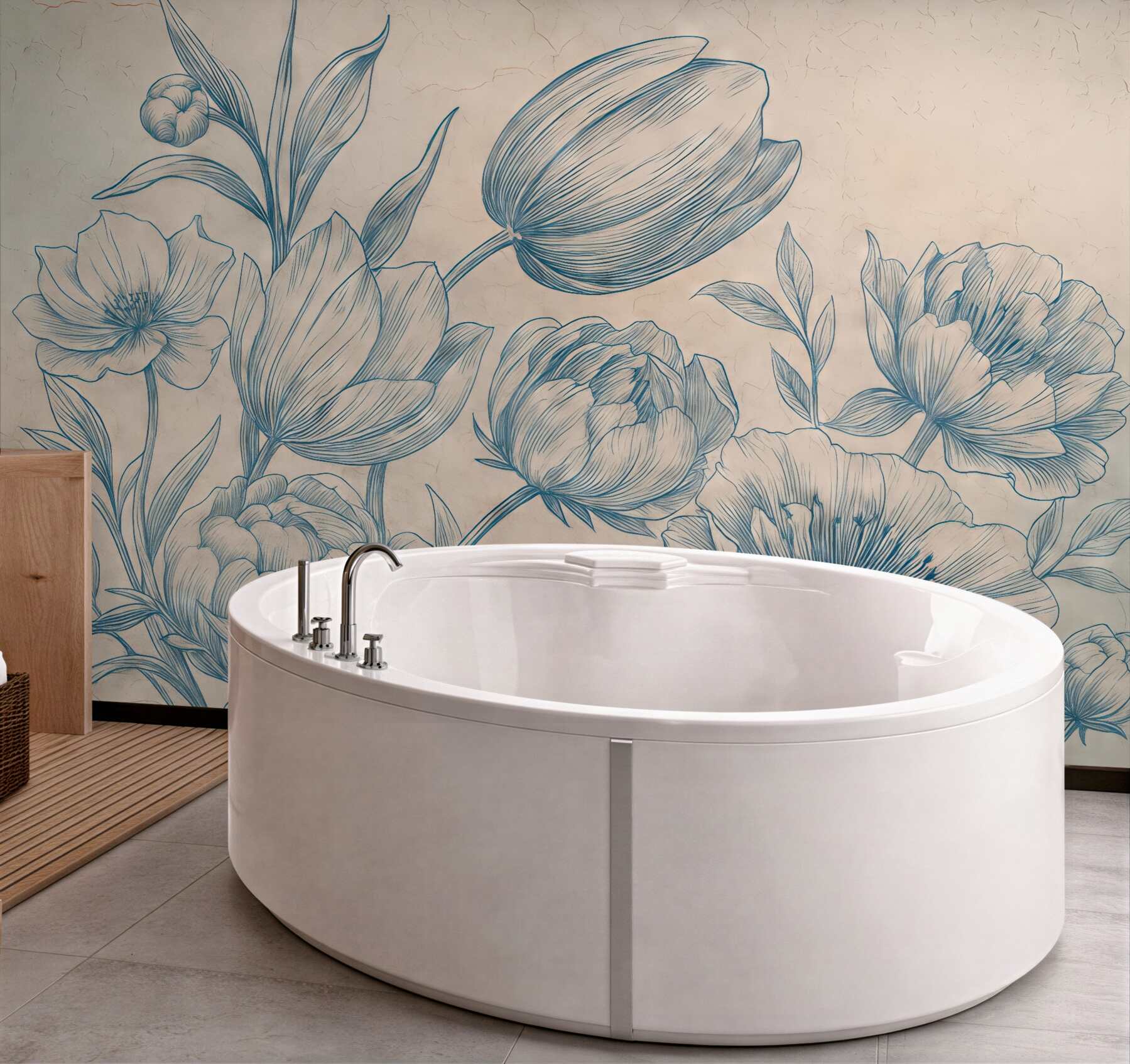 Fototapeta błękitny szkic kwiatów na beżowym tle