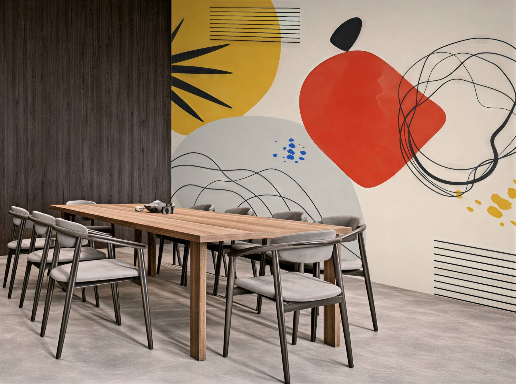 Fototapeta Abstrakcja współczesna, wyraźny akcent, boho, forma, kształty, łuki, linie, czerwony, żółty, niebieski, czarny.